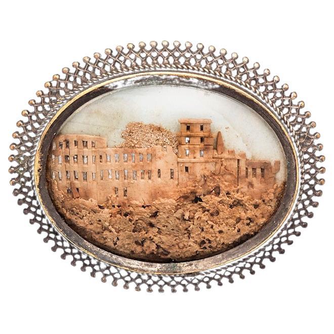 Antique Brooch with Miniature Carved Cork Diorama Metall Kork Paper For Sale