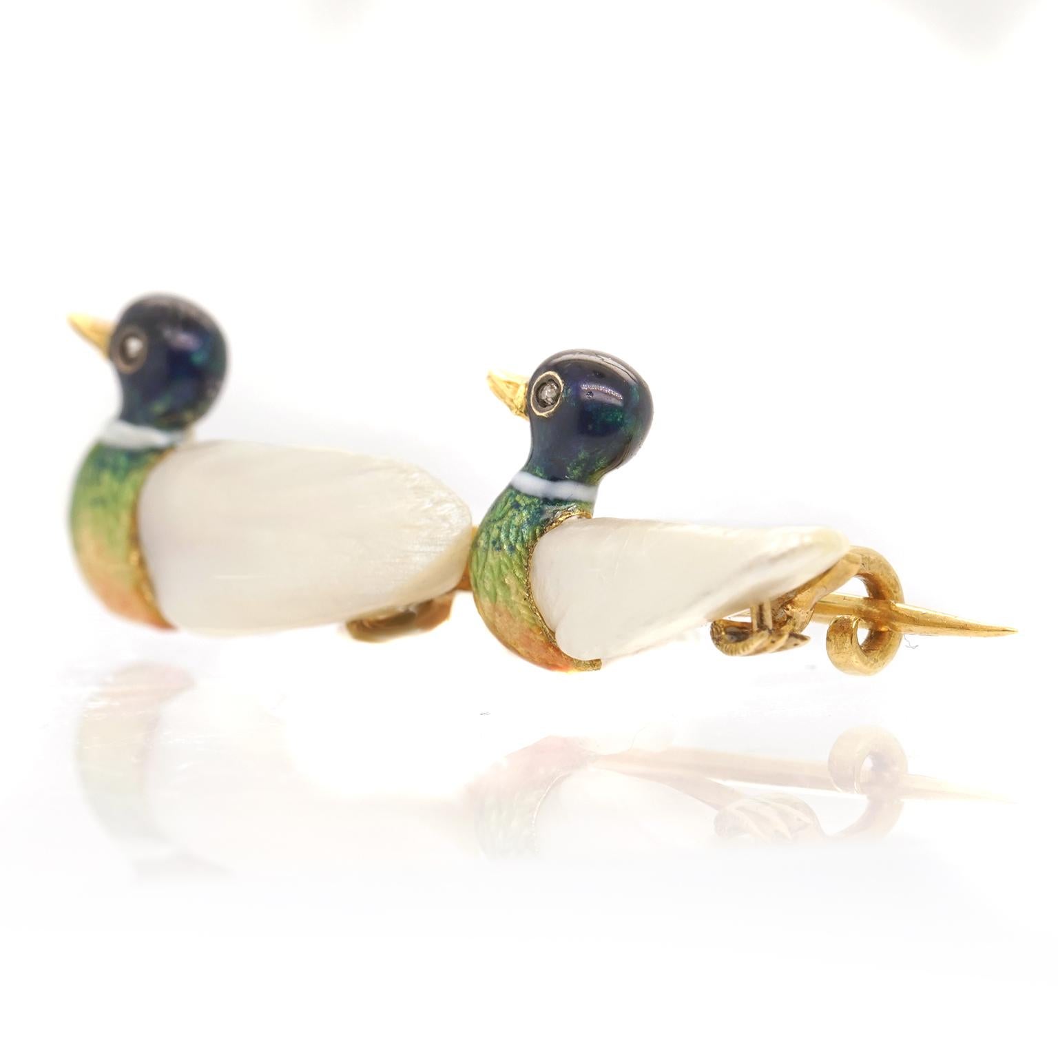 Cabochon Antique Brooch with Pair of Ducks