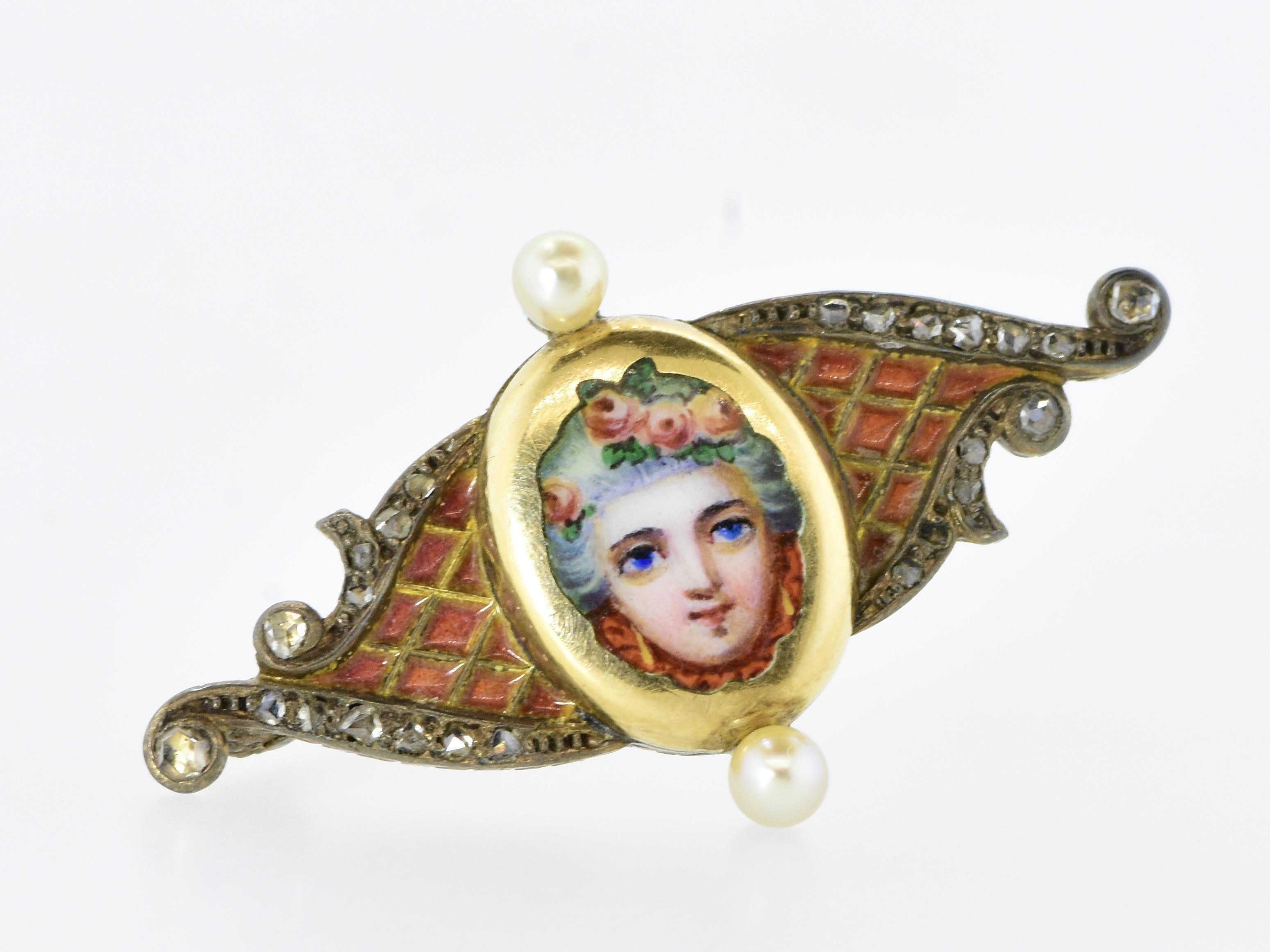 Antique portrait and transparent enamel brooch with rose cut diamonds and natural pearls.  This charming antique piece is both gold and silver, it is 1.5 inches long and .5 inches high.  The back of the brooch is highly engraved which includes the