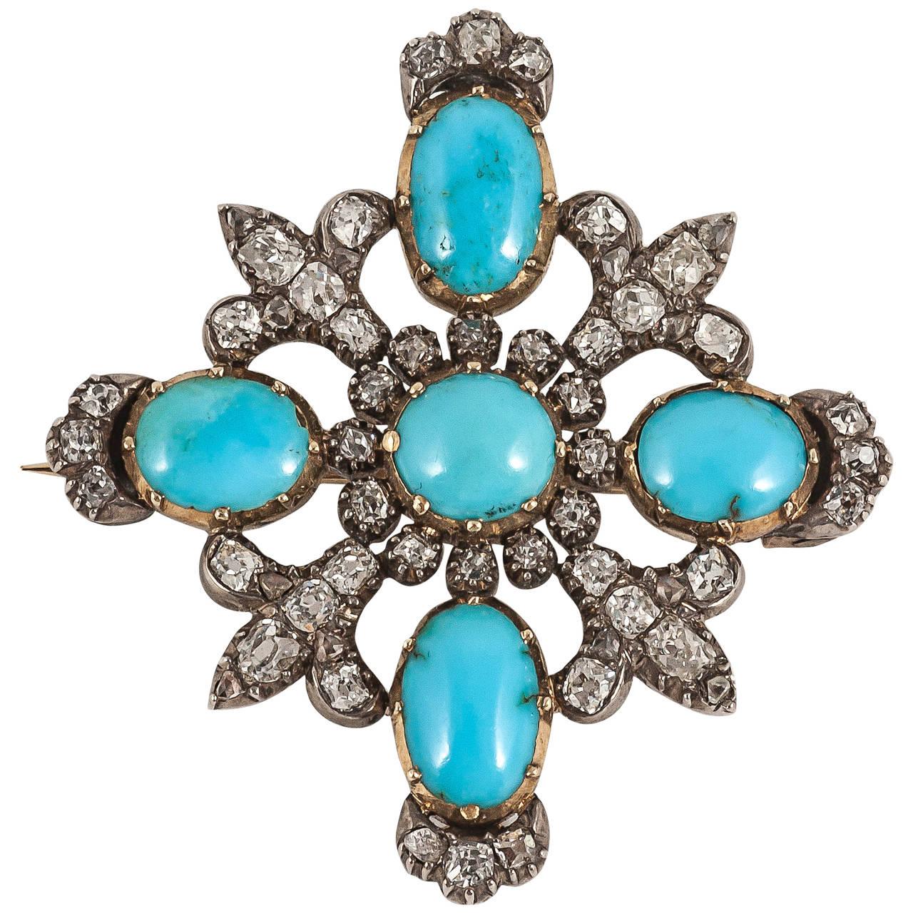 Antique Brooch with Turquoise & Diamonds in 18 Carat Gold & Silver, English 1830 In Good Condition For Sale In London, GB