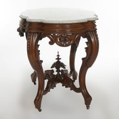 Antique Brooks Brothers Carved Walnut & Marble Turtle Top Parlor Table c1890