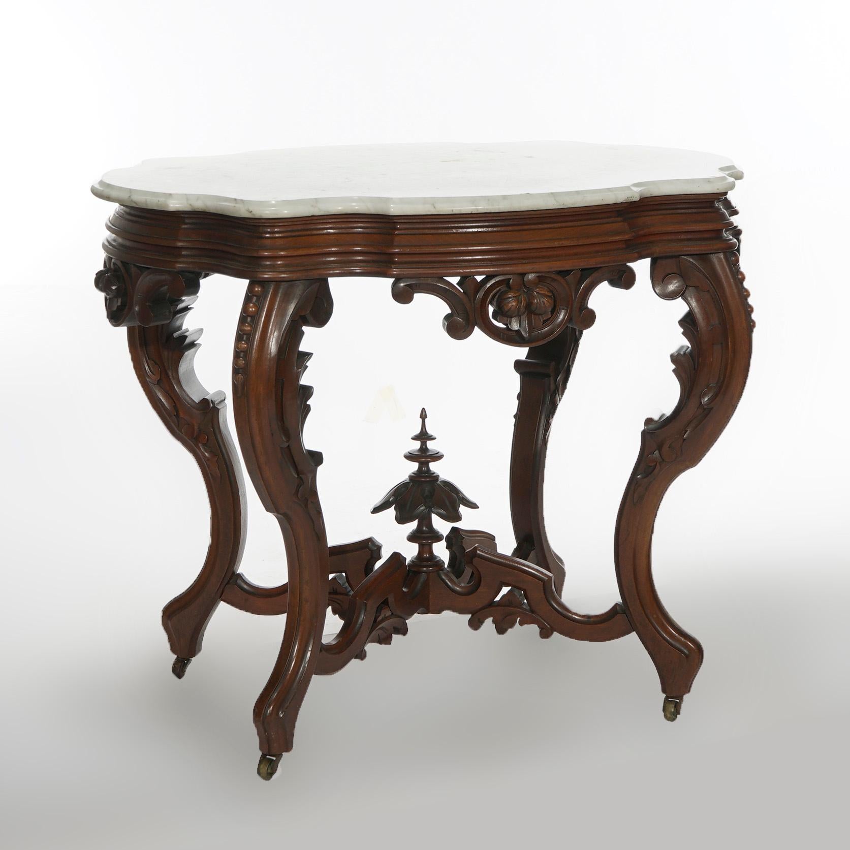 American Antique Brooks Brothers Carved Walnut & Marble Turtle Top Parlor Table c1890
