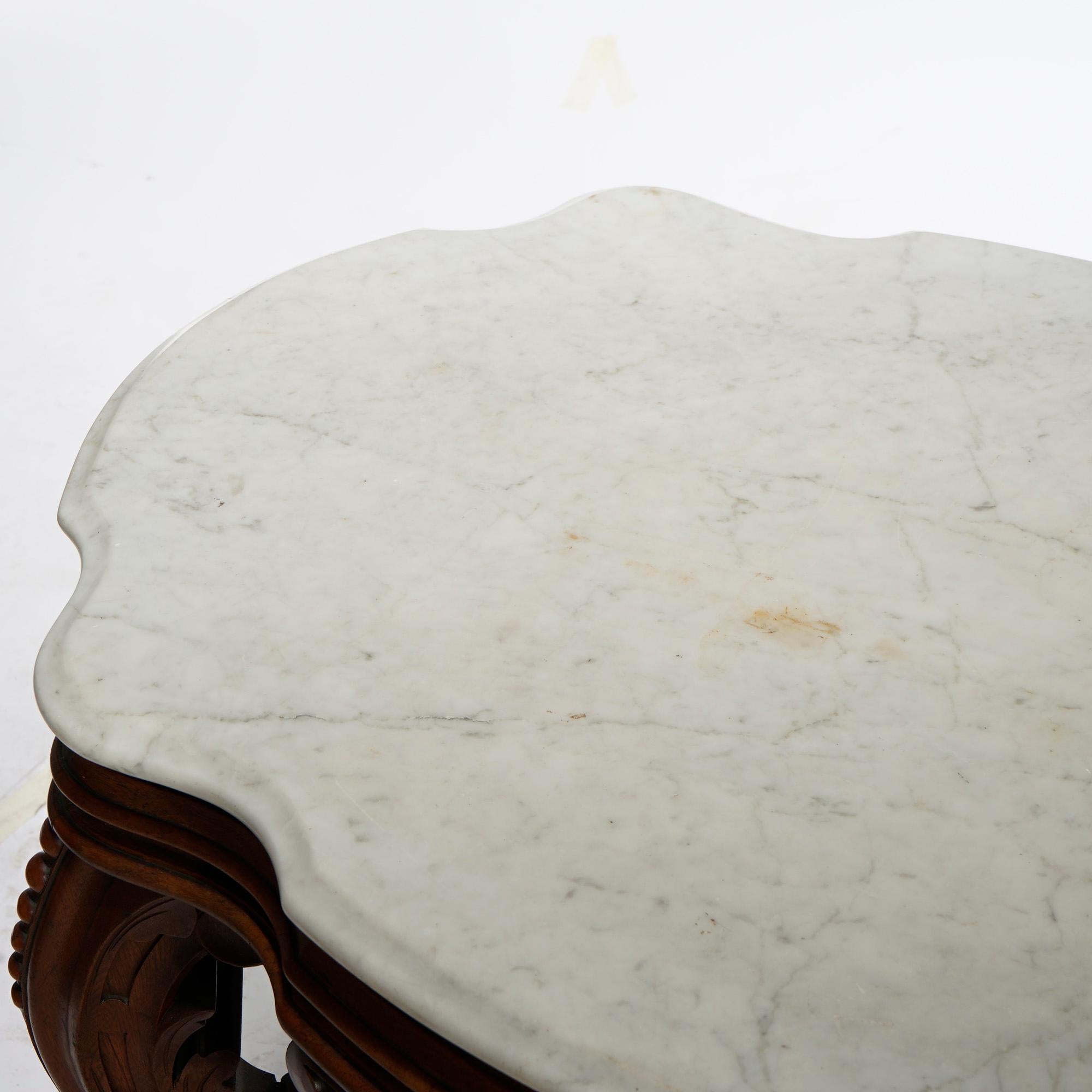 Antique Brooks Brothers Carved Walnut & Marble Turtle Top Parlor Table c1890 In Good Condition In Big Flats, NY