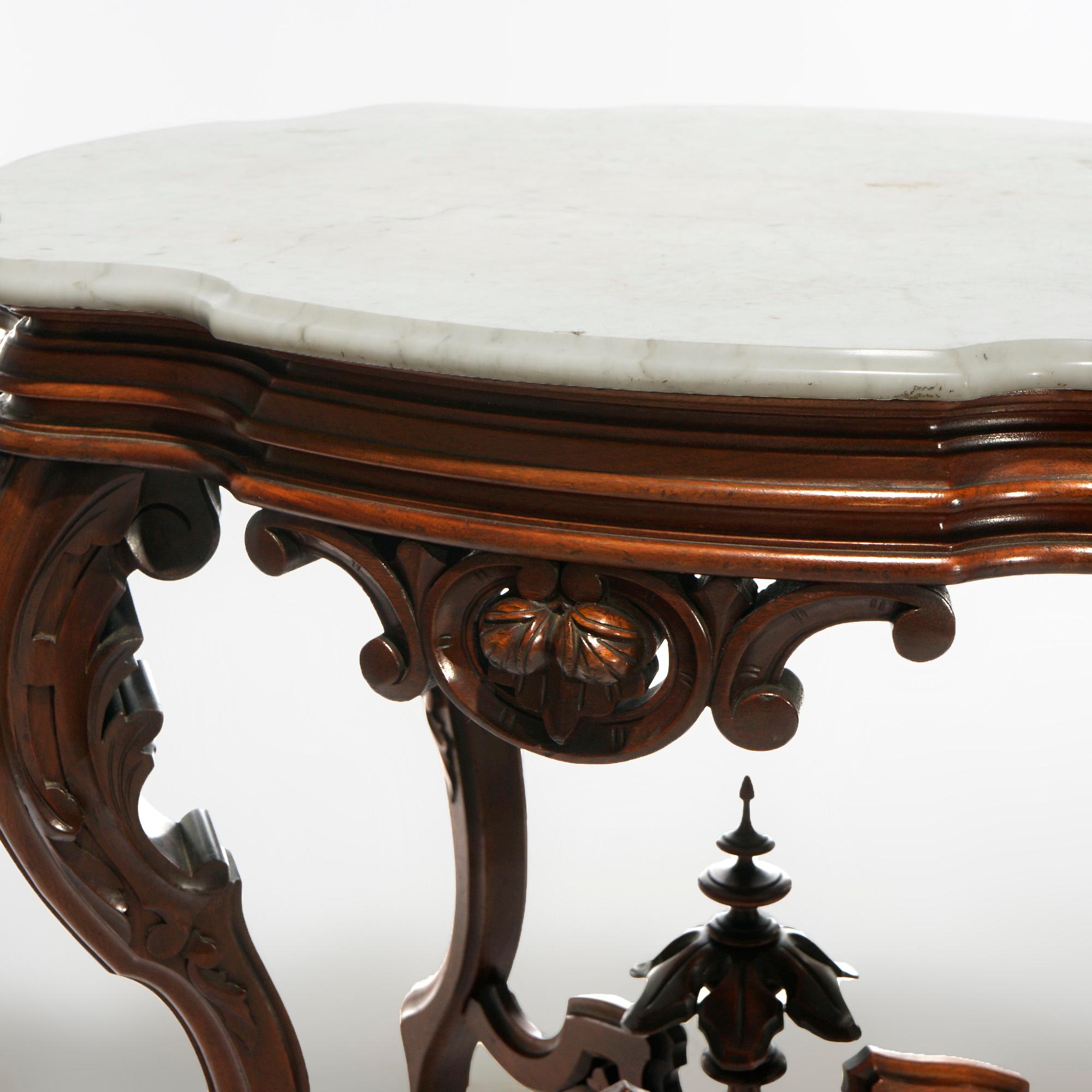 19th Century Antique Brooks Brothers Carved Walnut & Marble Turtle Top Parlor Table c1890