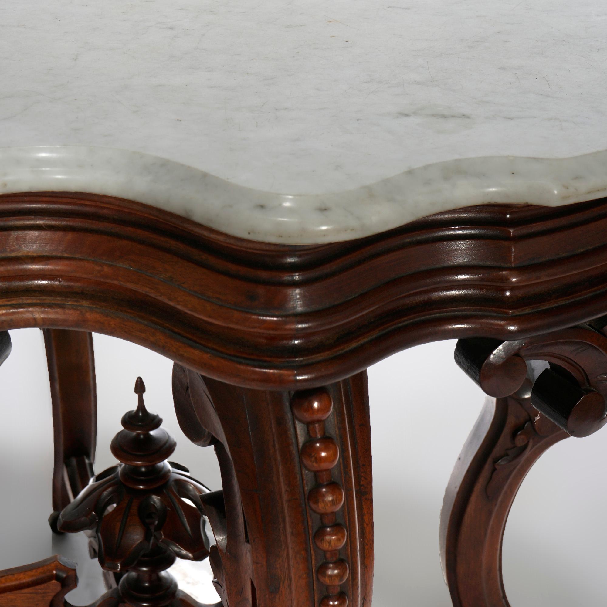 Antique Brooks Brothers Carved Walnut & Marble Turtle Top Parlor Table c1890 1