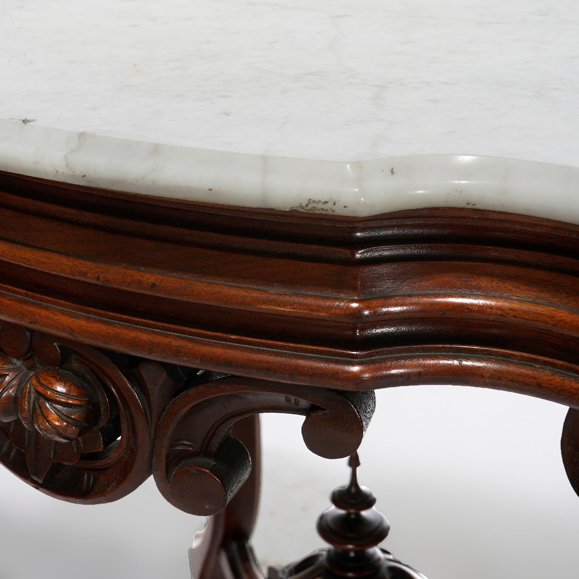 Antique Brooks Brothers Carved Walnut & Marble Turtle Top Parlor Table c1890 2