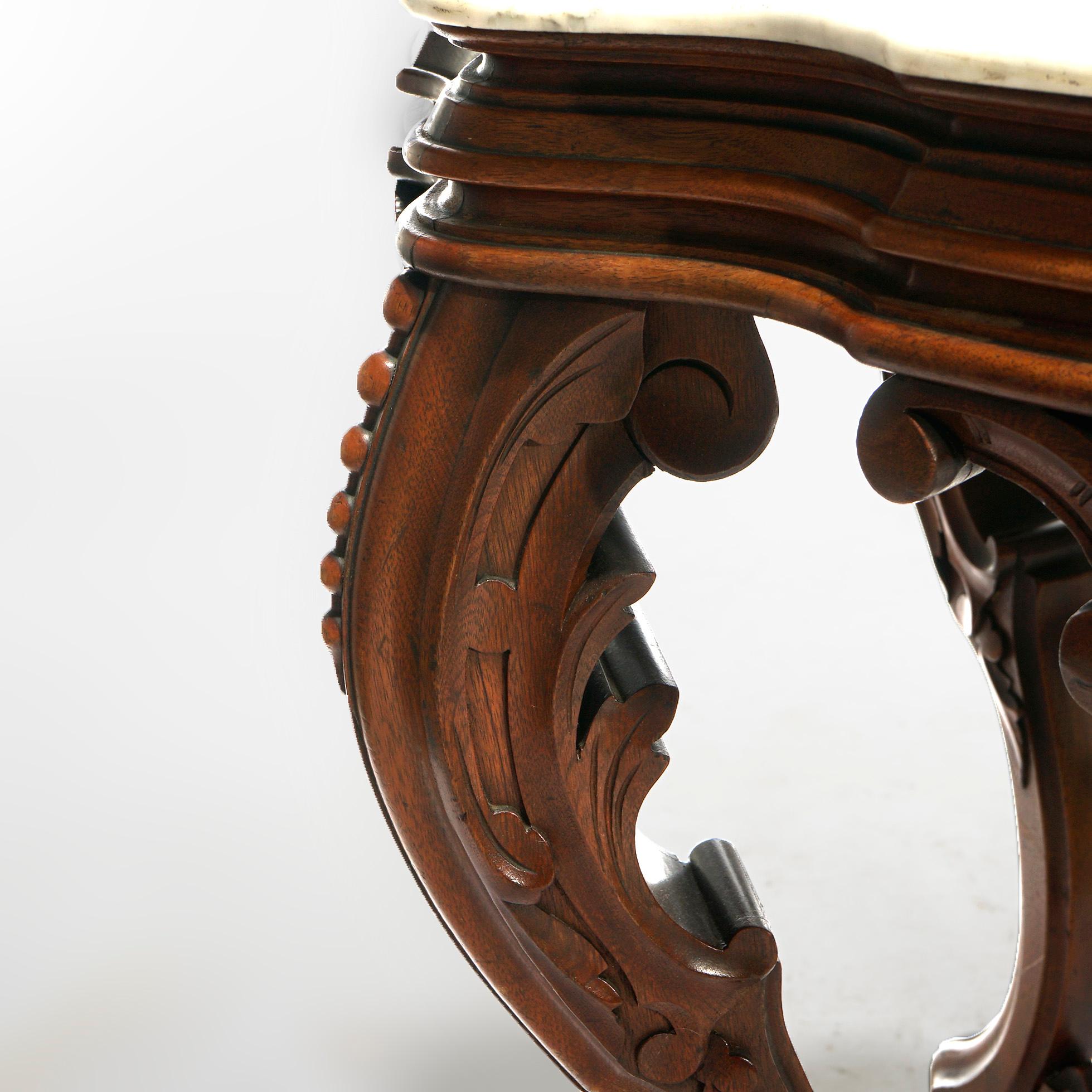 Antique Brooks Brothers Carved Walnut & Marble Turtle Top Parlor Table c1890 4