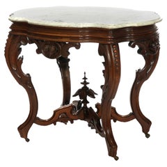 Antique Brooks Brothers Carved Walnut & Marble Turtle Top Parlor Table c1890