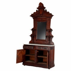 Antique Brooks Renaissance Revival Carved Walnut, Burl & Marble Sideboard c1890