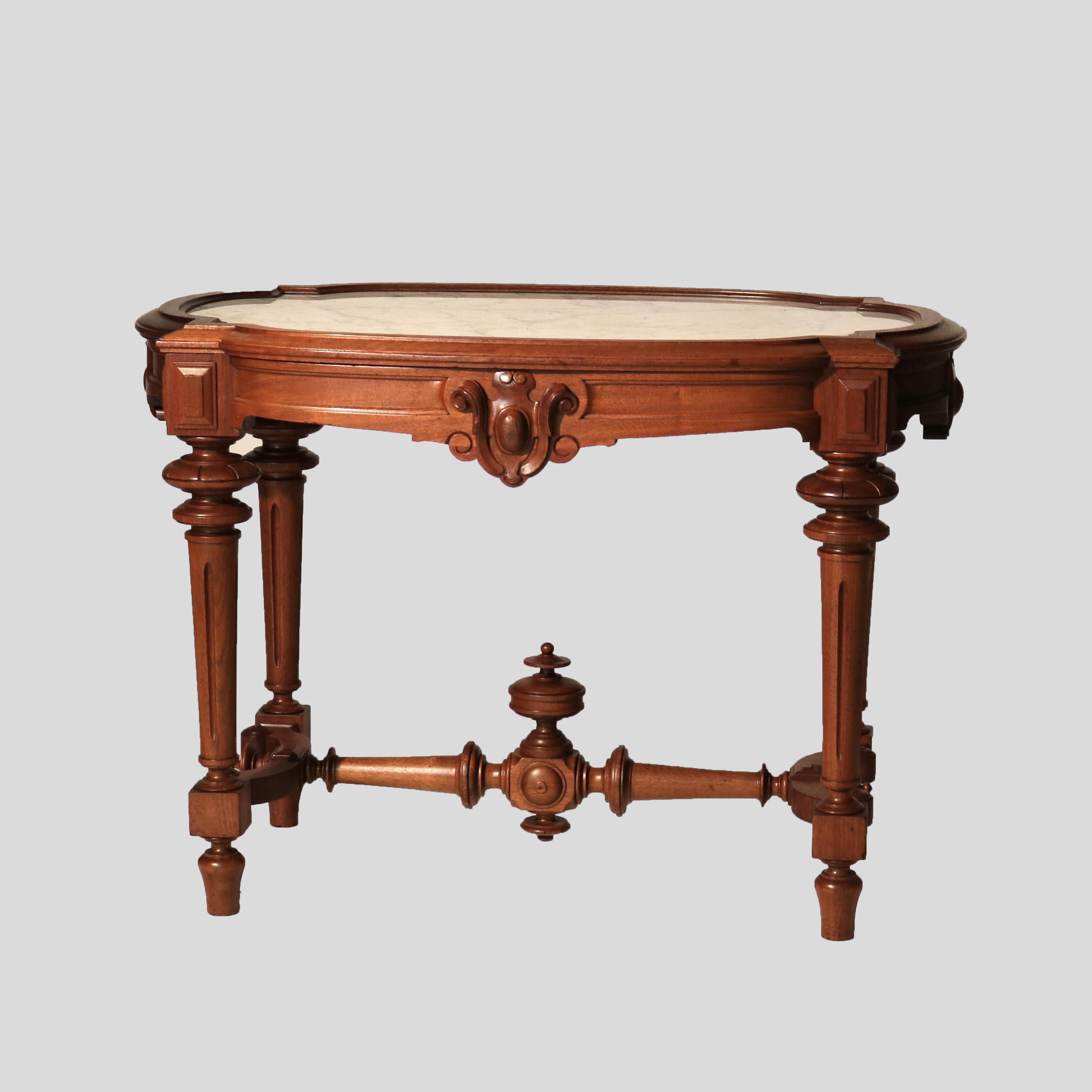 Antique Brooks School Renaissance Revival Carved Walnut Marble Top Parlor Table 6