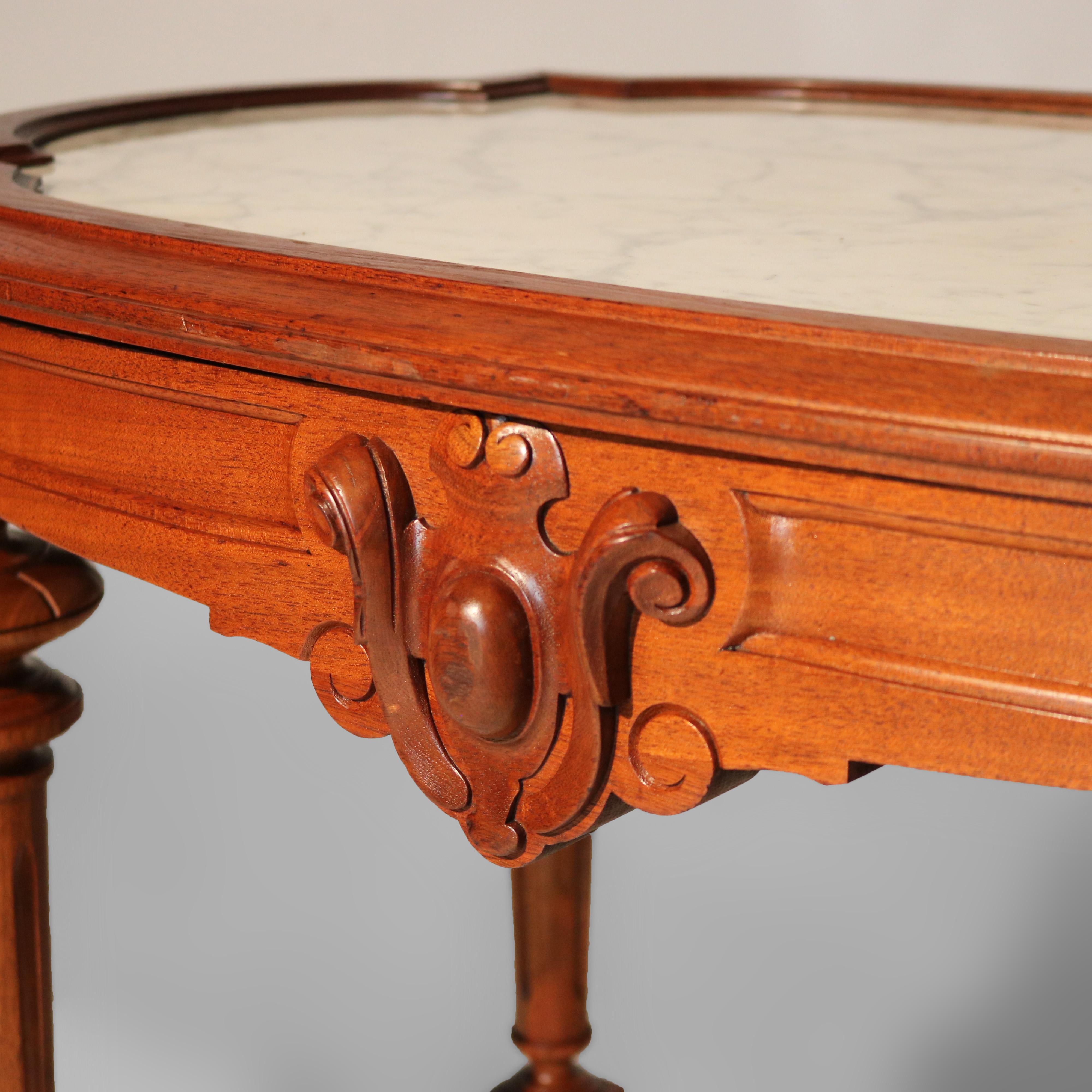 Antique Brooks School Renaissance Revival Carved Walnut Marble Top Parlor Table 9
