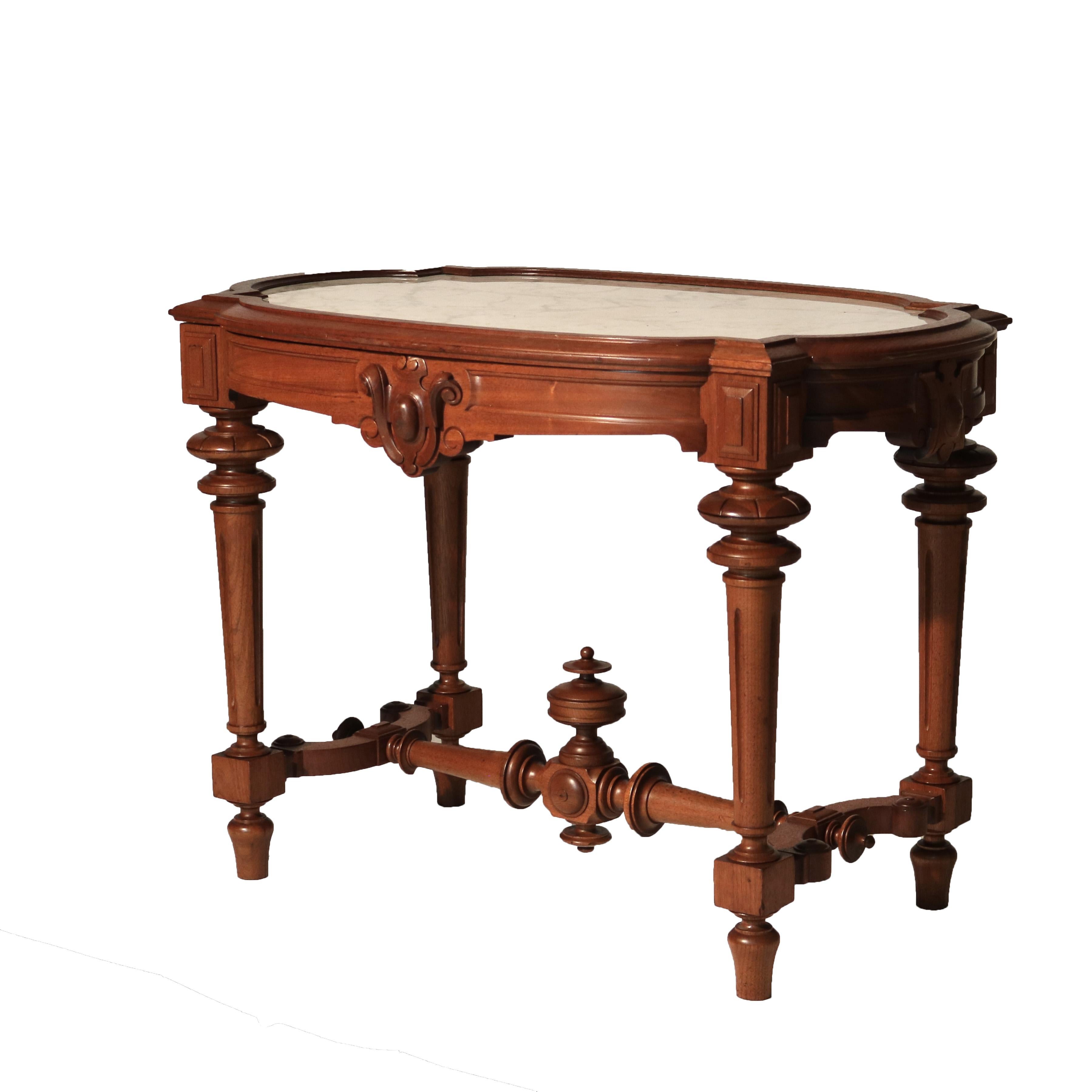 Antique Brooks School Renaissance Revival Carved Walnut Marble Top Parlor Table 10