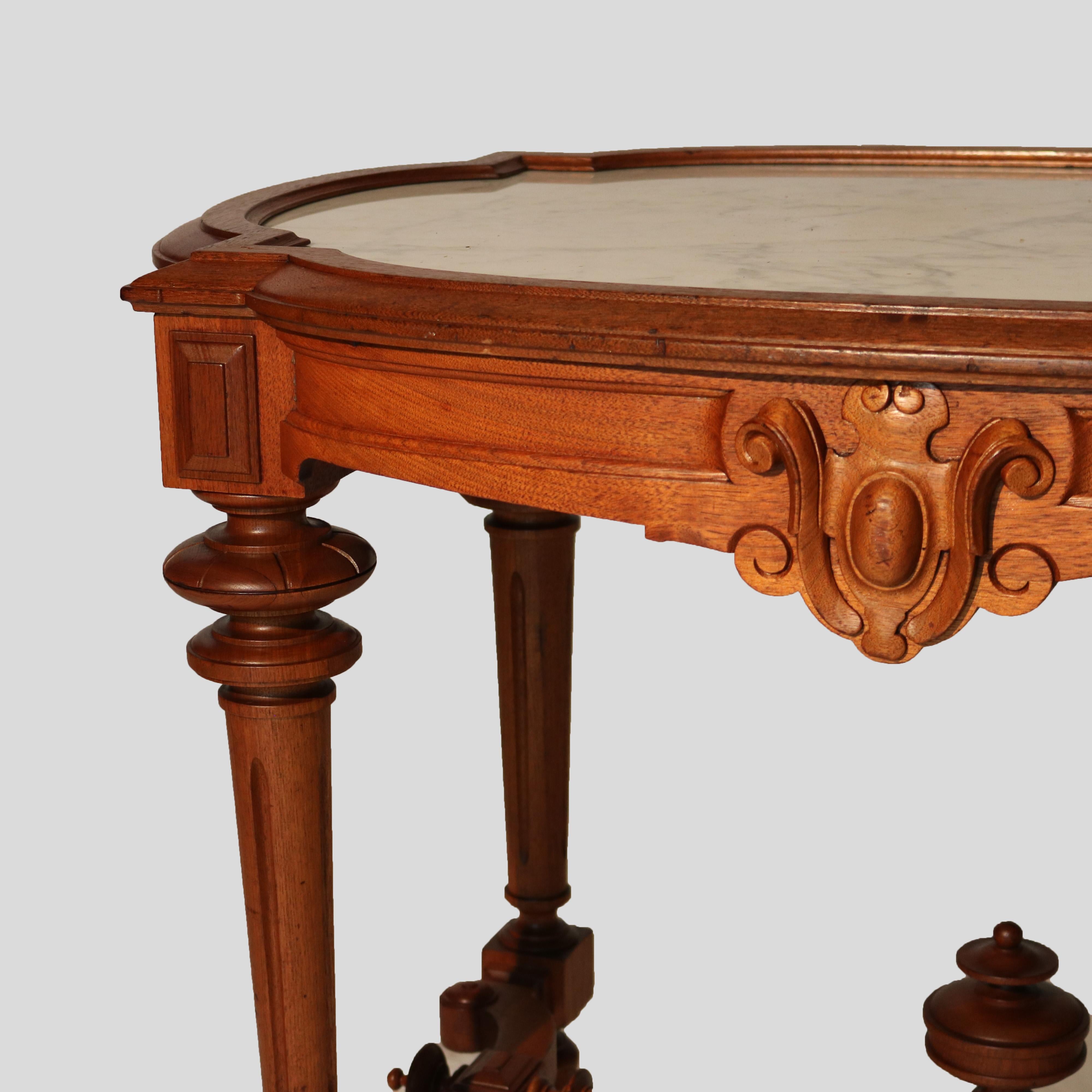 19th Century Antique Brooks School Renaissance Revival Carved Walnut Marble Top Parlor Table