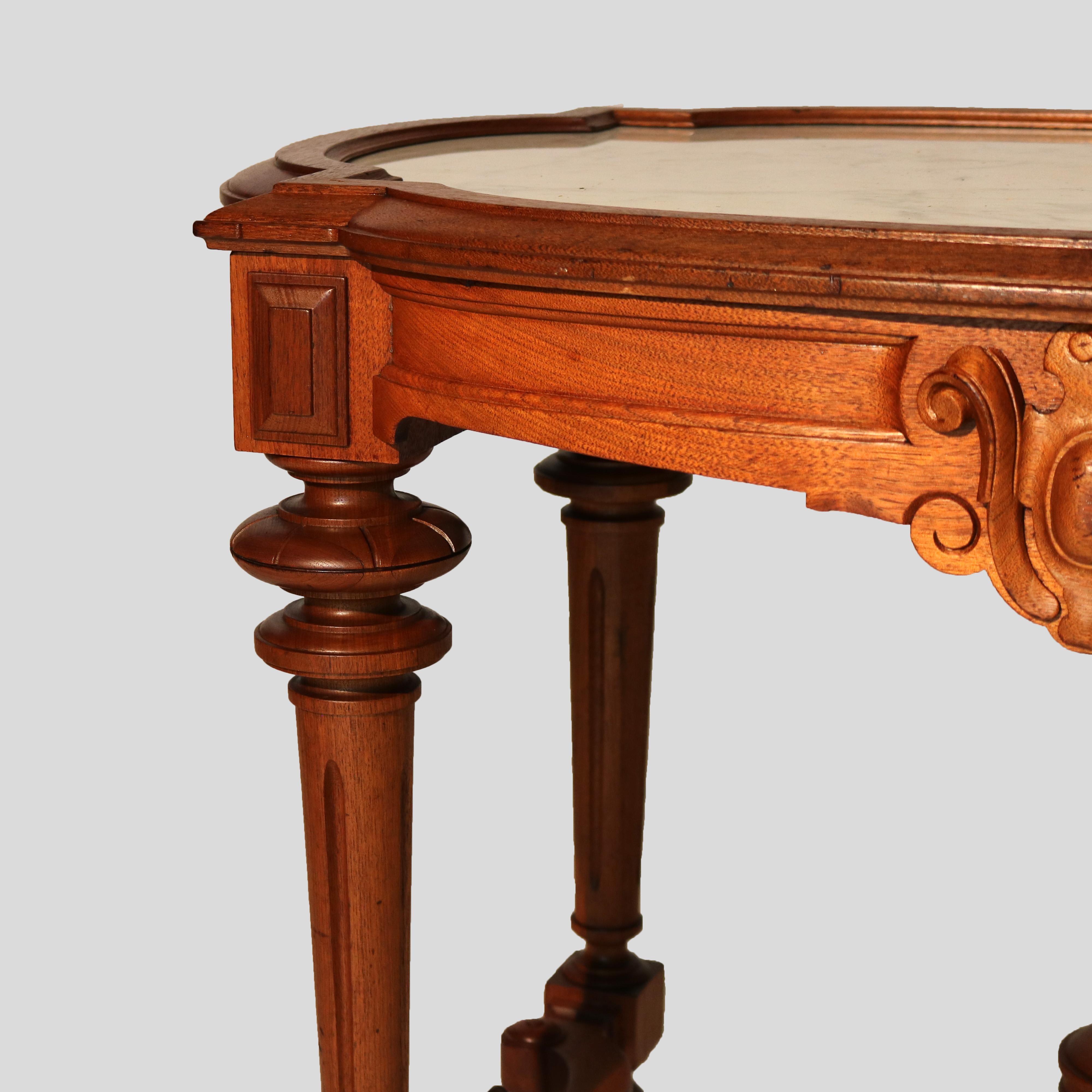Antique Brooks School Renaissance Revival Carved Walnut Marble Top Parlor Table 4