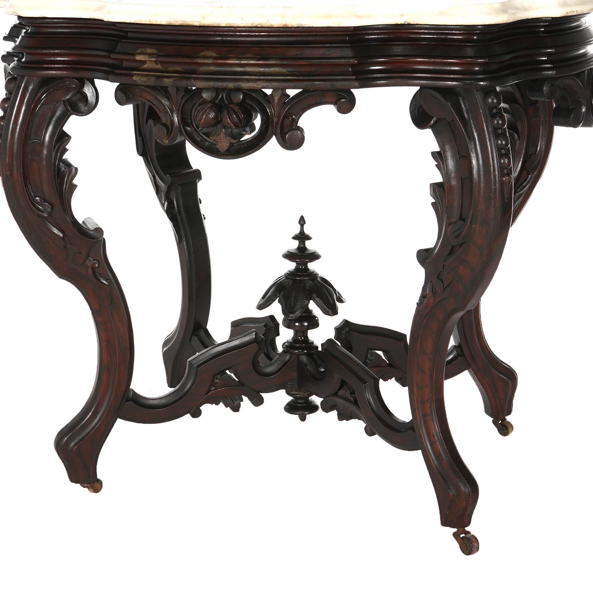 Renaissance Revival Antique Brooks Victorian Heavily Carved Walnut & Marble Turtle Top Table C1870 For Sale