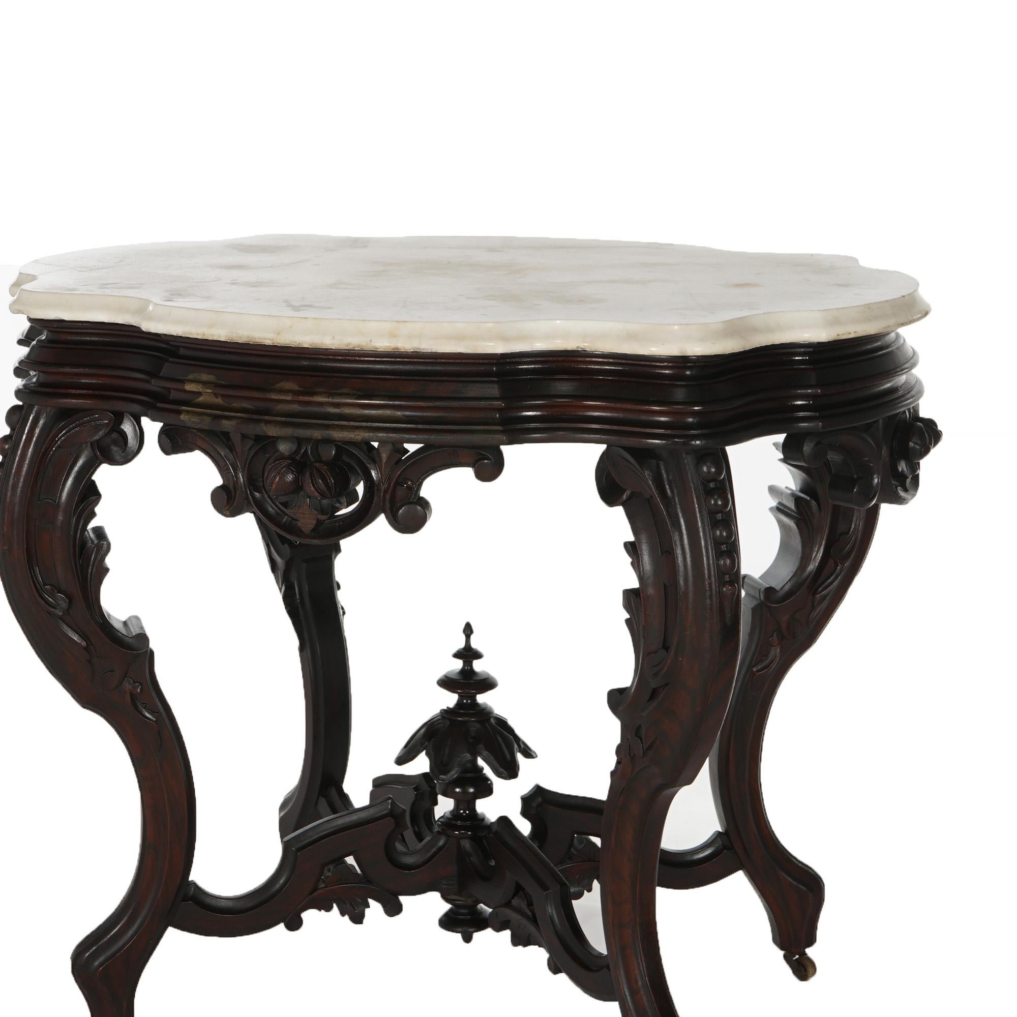 Beveled Antique Brooks Victorian Heavily Carved Walnut & Marble Turtle Top Table C1870 For Sale