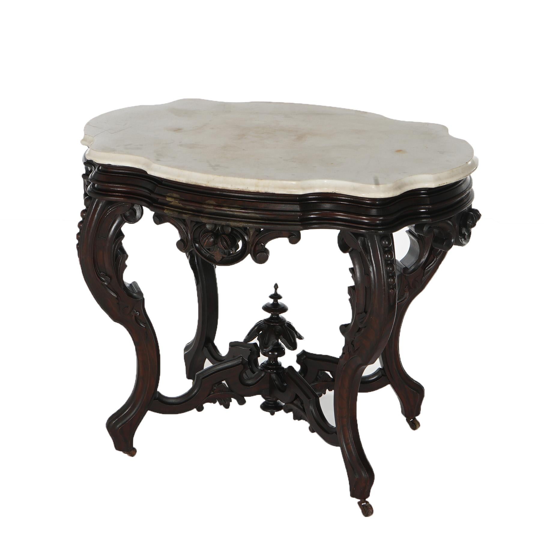 Antique Brooks Victorian Heavily Carved Walnut & Marble Turtle Top Table C1870 In Good Condition In Big Flats, NY