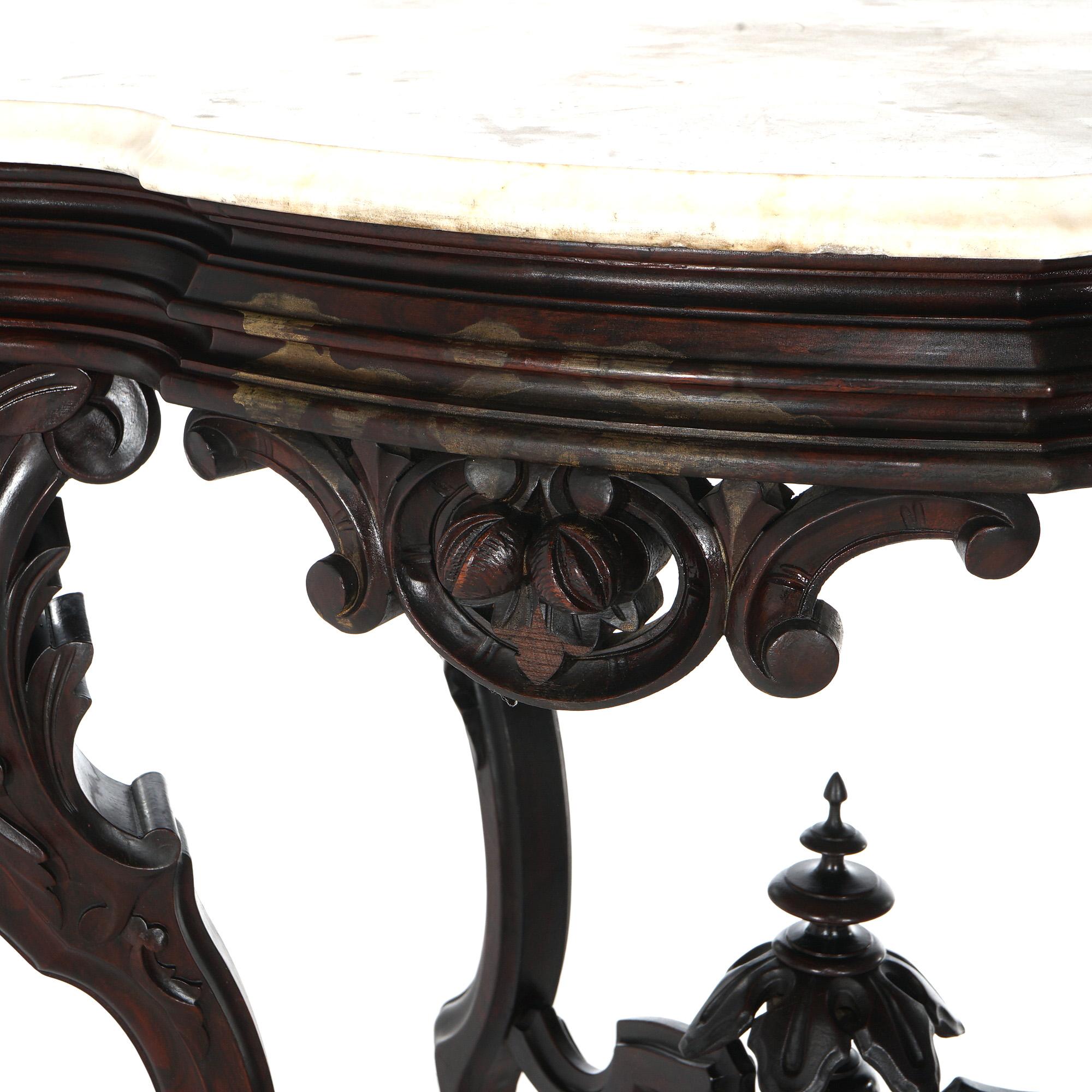 19th Century Antique Brooks Victorian Heavily Carved Walnut & Marble Turtle Top Table C1870 For Sale