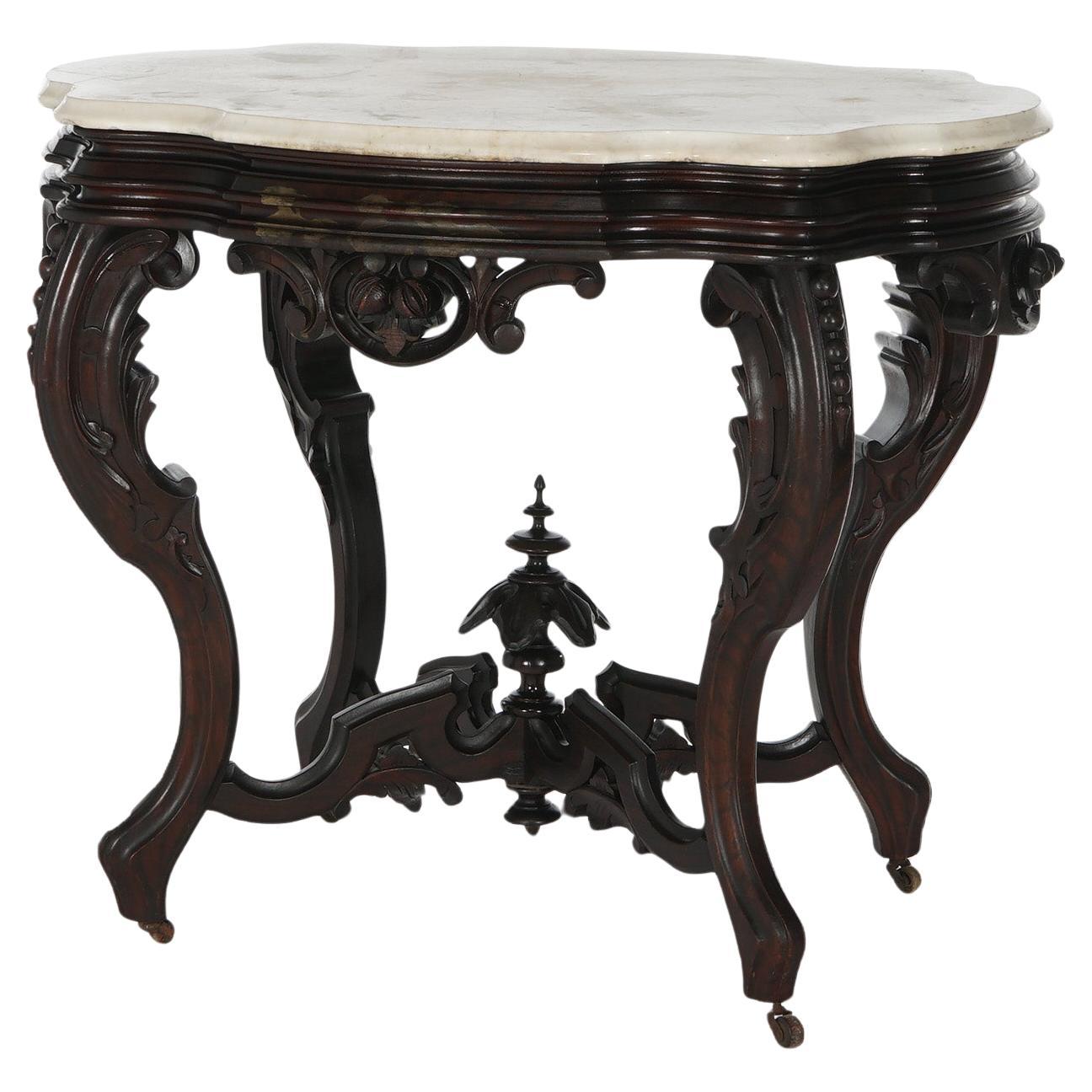 Antique Brooks Victorian Heavily Carved Walnut & Marble Turtle Top Table C1870 For Sale