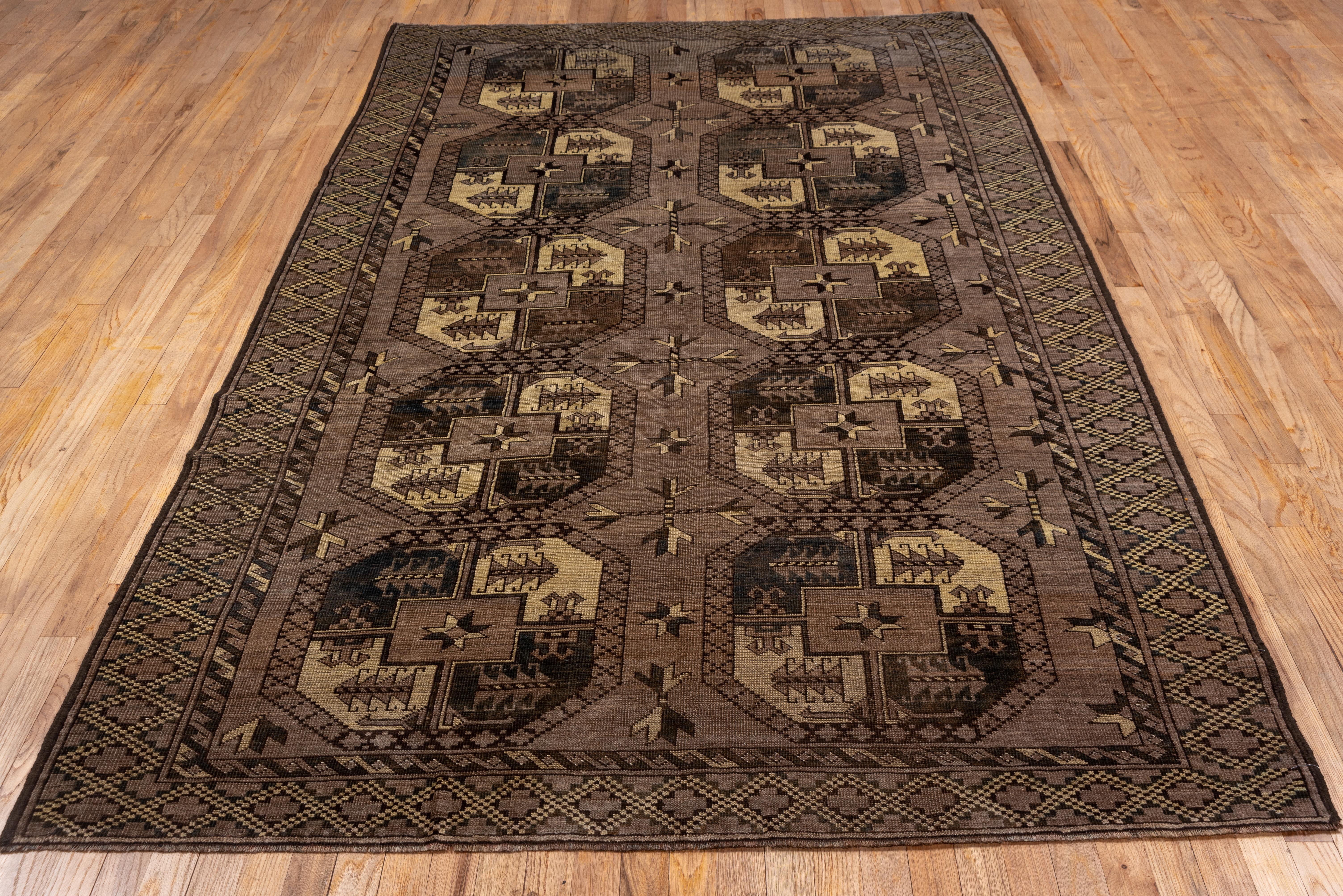 Tribal Antique Brown Afghan Ersari Carpet, Brown Tones, Allover Field, Gold Tones For Sale