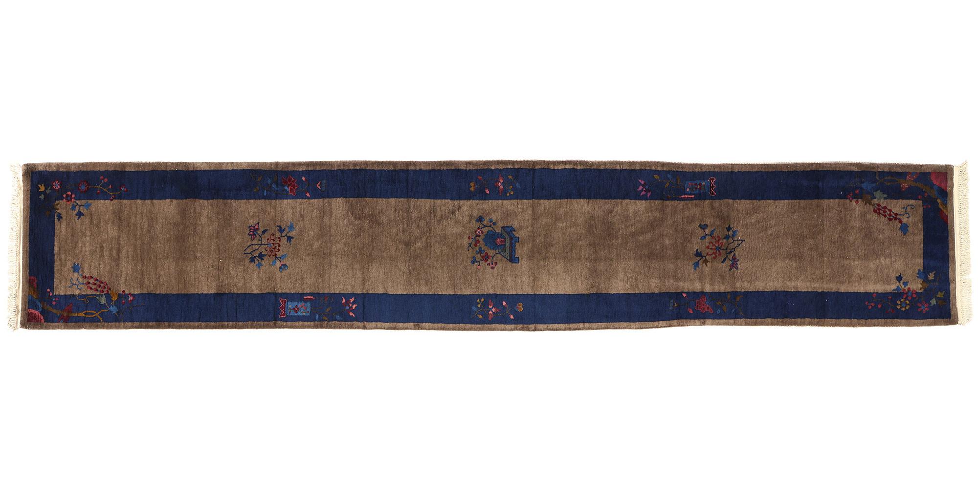 Antique Brown and Blue Chinese Peking Rug Carpet Runner For Sale 3