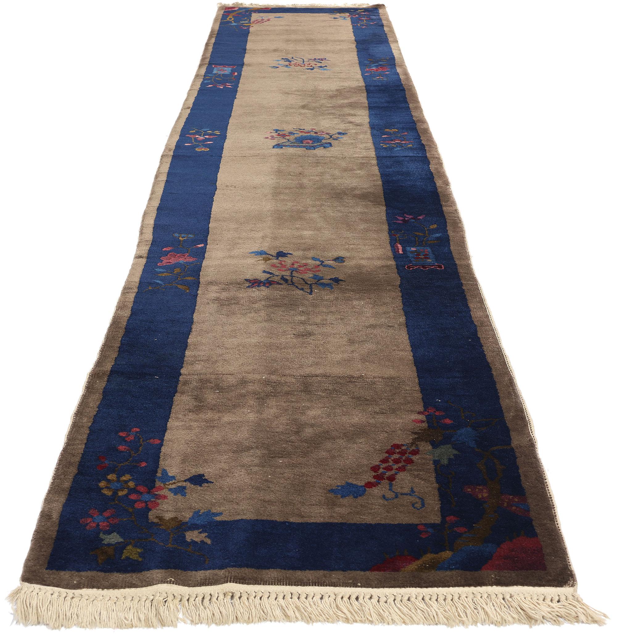 Chinese Export Antique Brown and Blue Chinese Peking Rug Carpet Runner For Sale