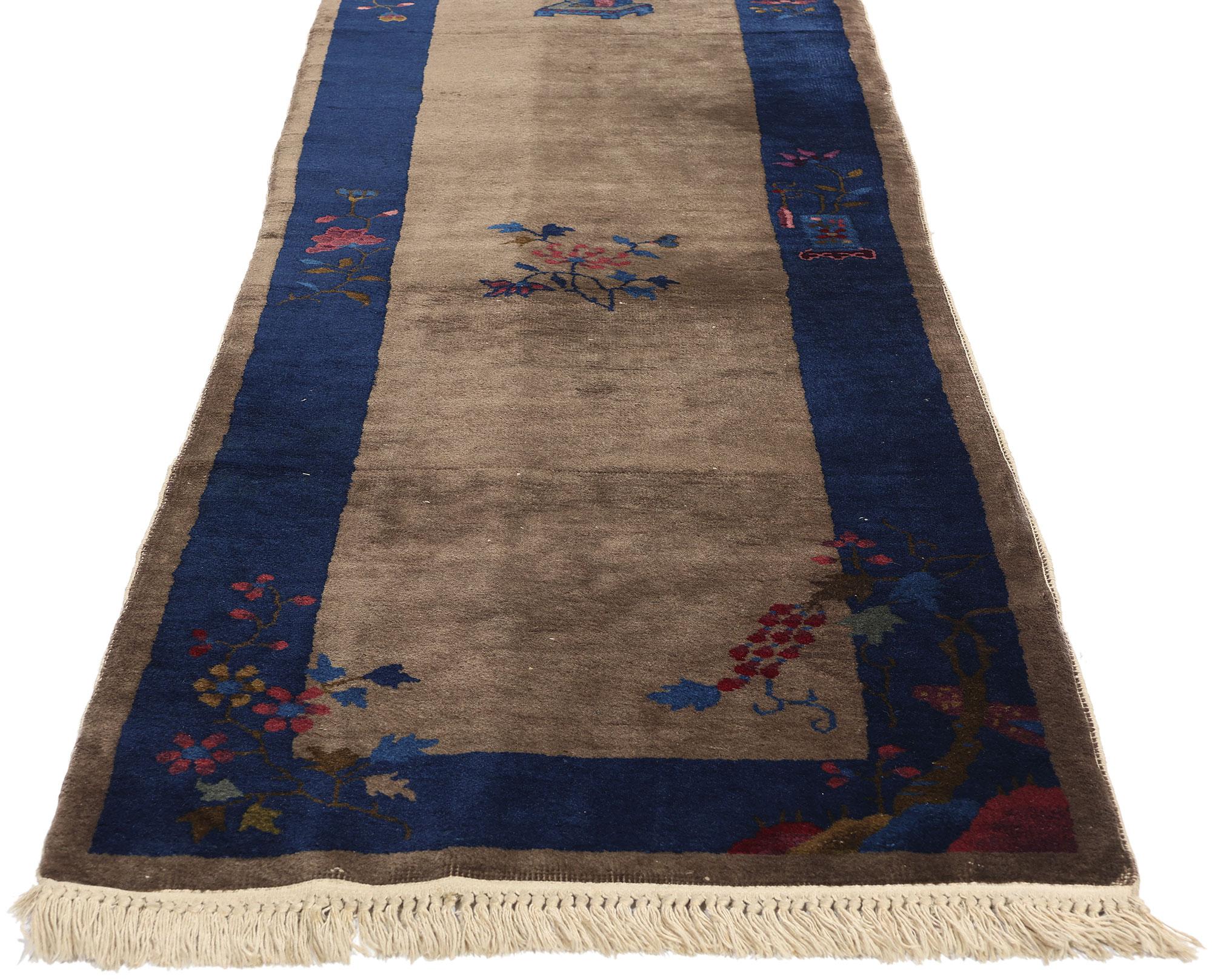 Hand-Knotted Antique Brown and Blue Chinese Peking Rug Carpet Runner For Sale