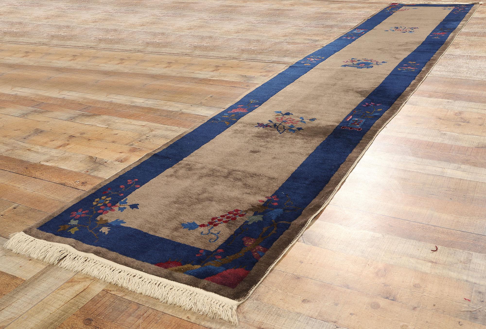 Wool Antique Brown and Blue Chinese Peking Rug Carpet Runner For Sale