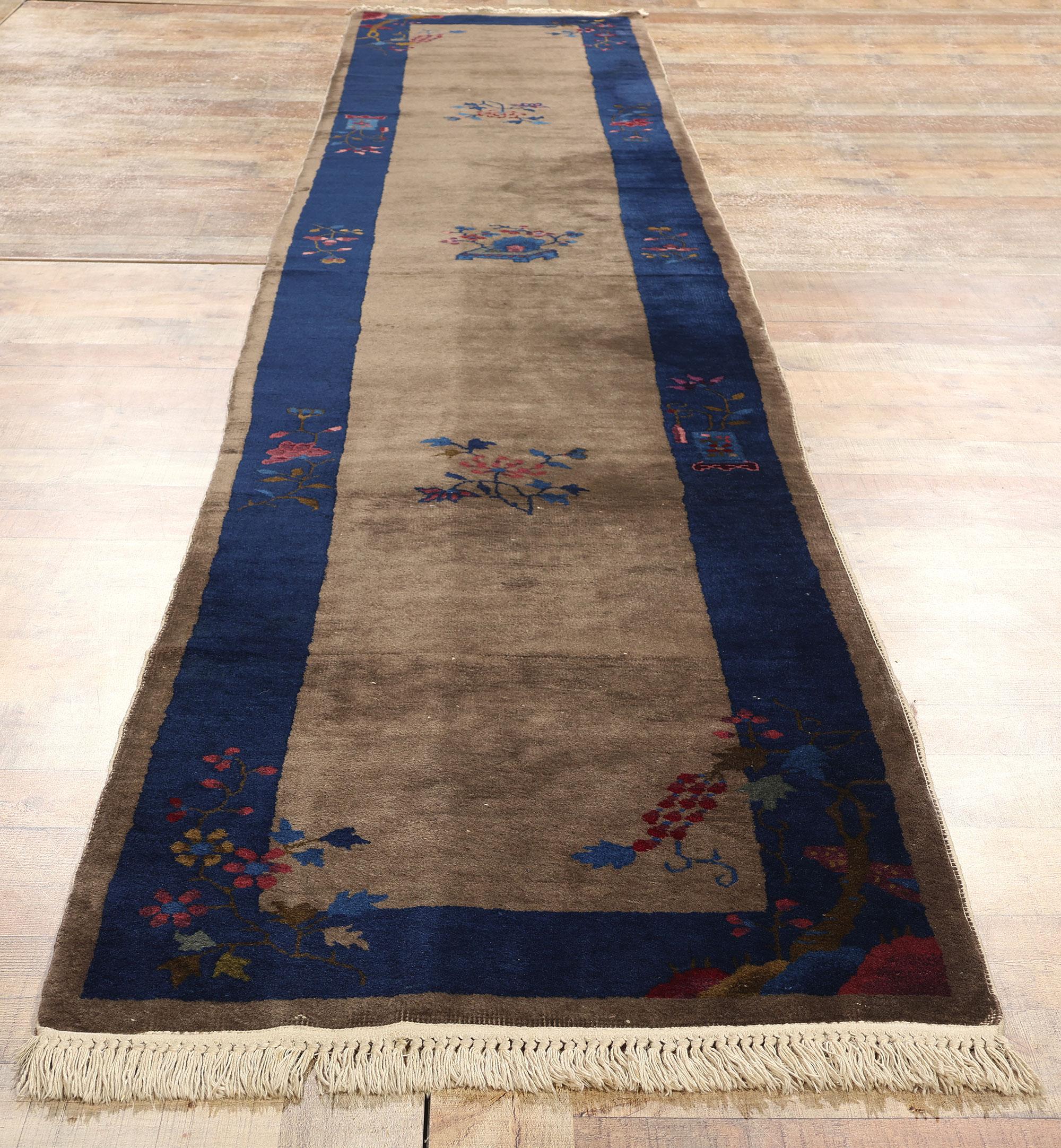 Antique Brown and Blue Chinese Peking Rug Carpet Runner For Sale 1