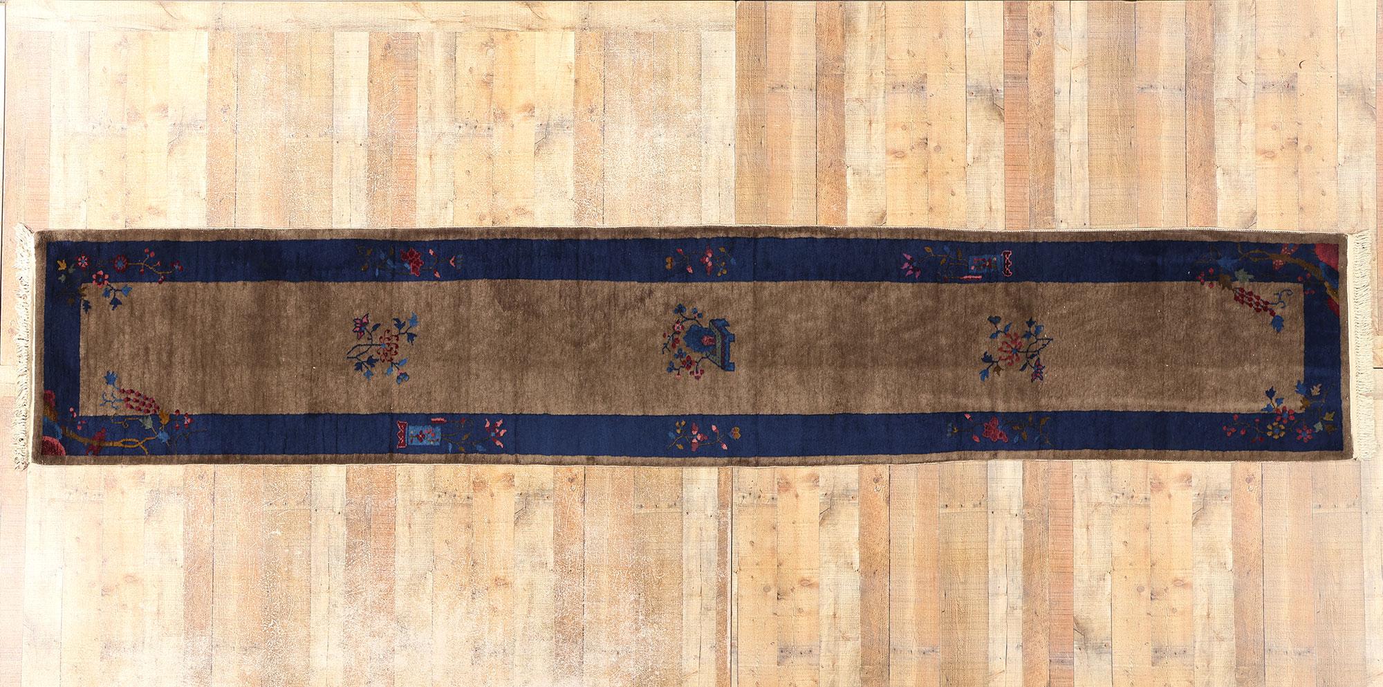 Antique Brown and Blue Chinese Peking Rug Carpet Runner For Sale 2