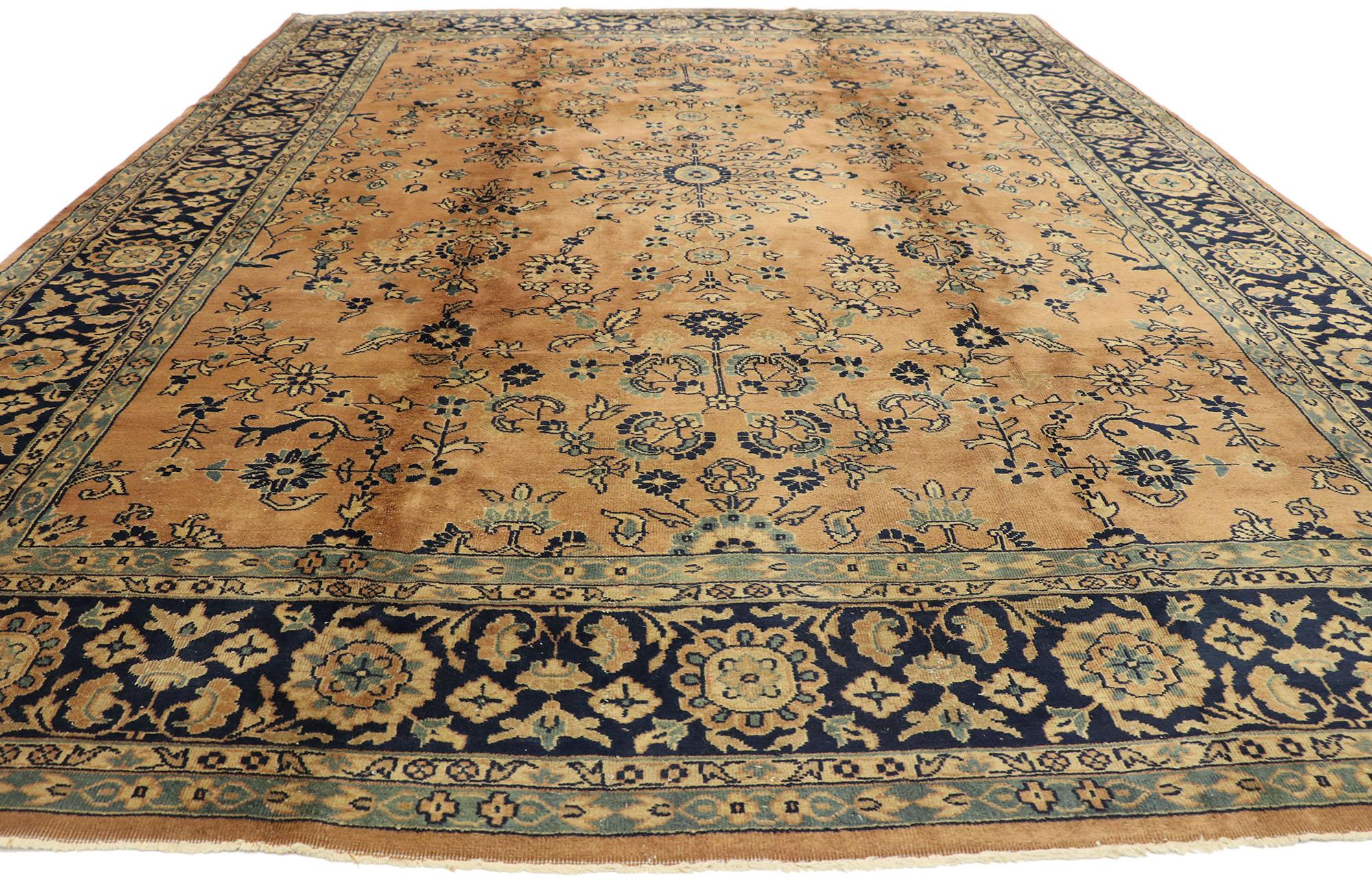 Hand-Knotted Antique Brown and Blue Indian Floral Khorassan Rug For Sale