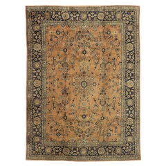 Tapis indien antique Khorassan à fleurs brunes et bleues