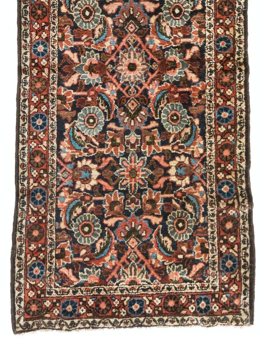 Hand-Knotted Antique Brown and Blue Persian Hamedan Runner Rug, circa 1920-1930s For Sale