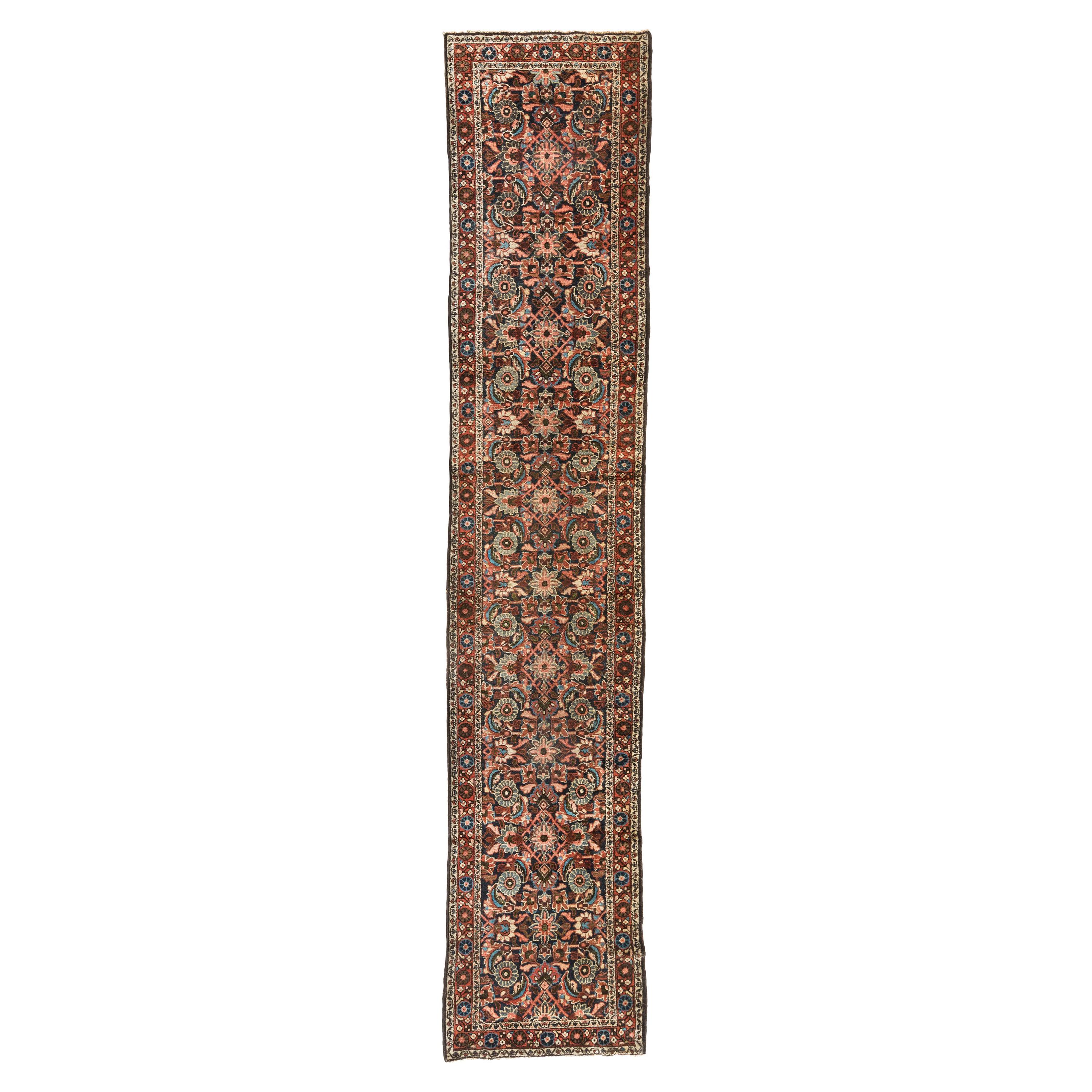 Antique Brown and Blue Persian Hamedan Runner Rug, circa 1920-1930s For Sale