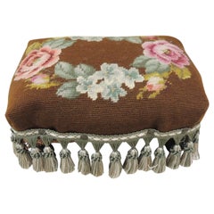 Antique Brown and Green Tapestry Footstool with Tassels