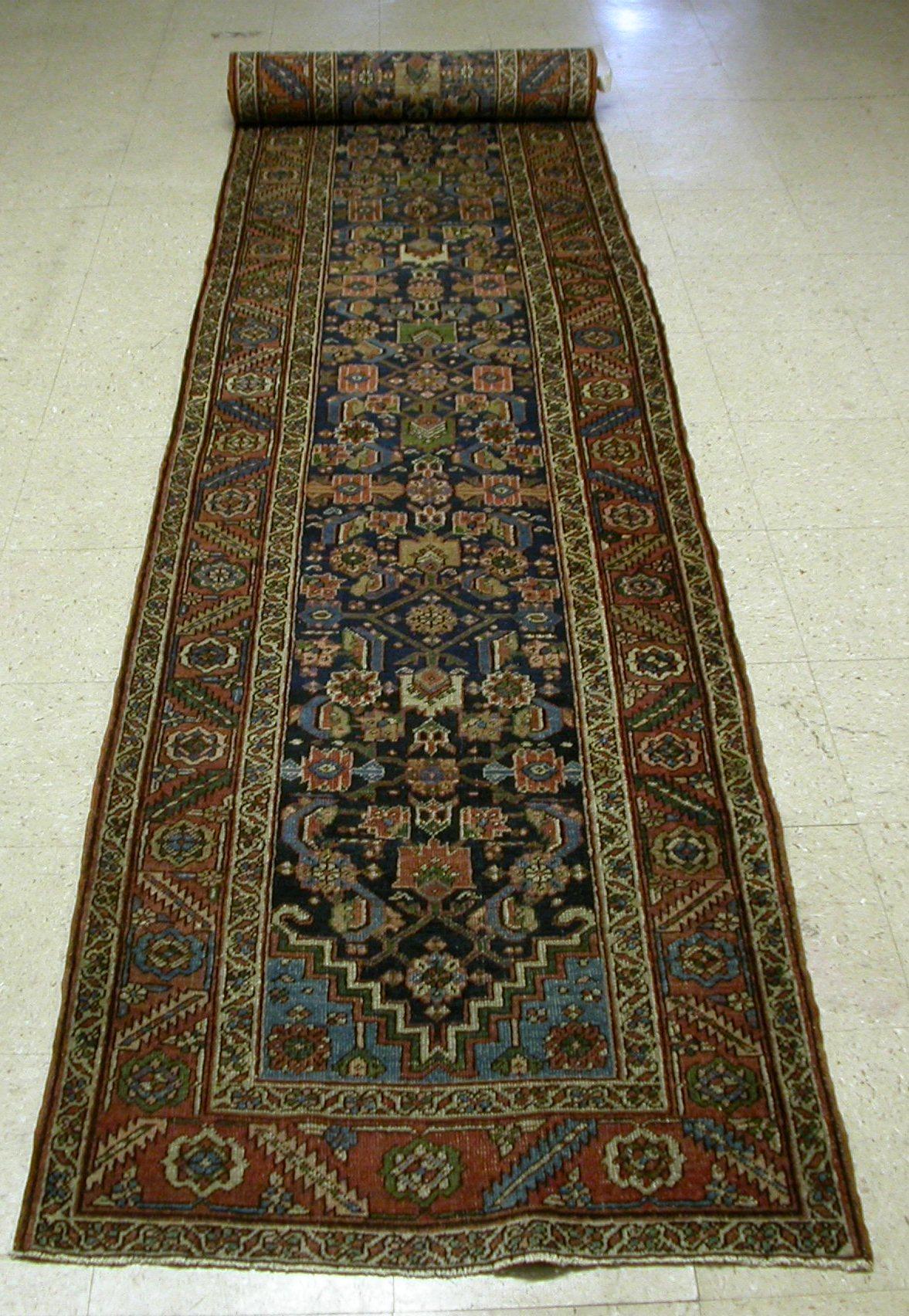 Hand-Knotted Antique Navy Geometric Persian Heriz Long & Narrow Runner Rug 2.9 x 18.4 ft. For Sale