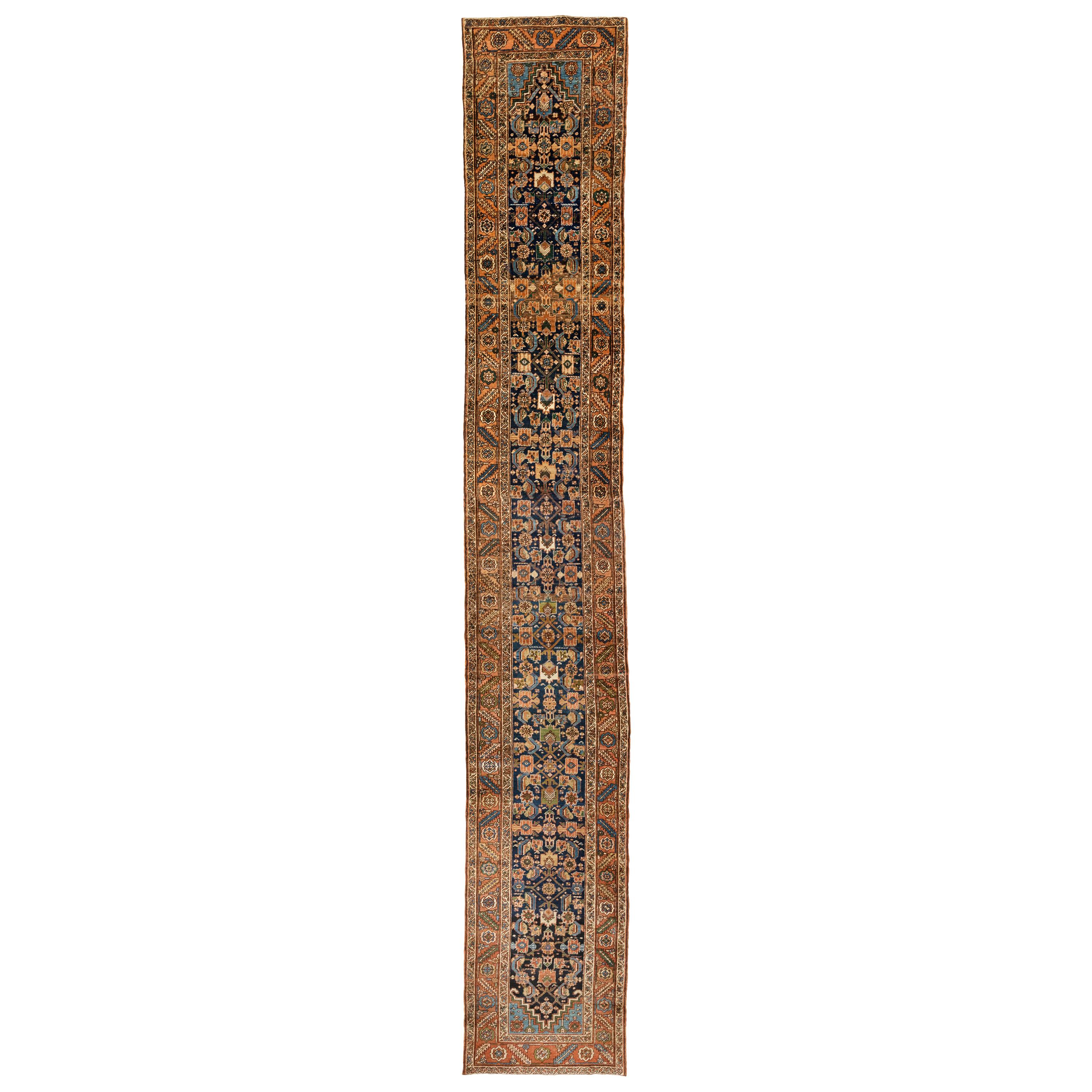 Antique Navy Geometric Persian Heriz Long & Narrow Runner Rug 2.9 x 18.4 ft. For Sale