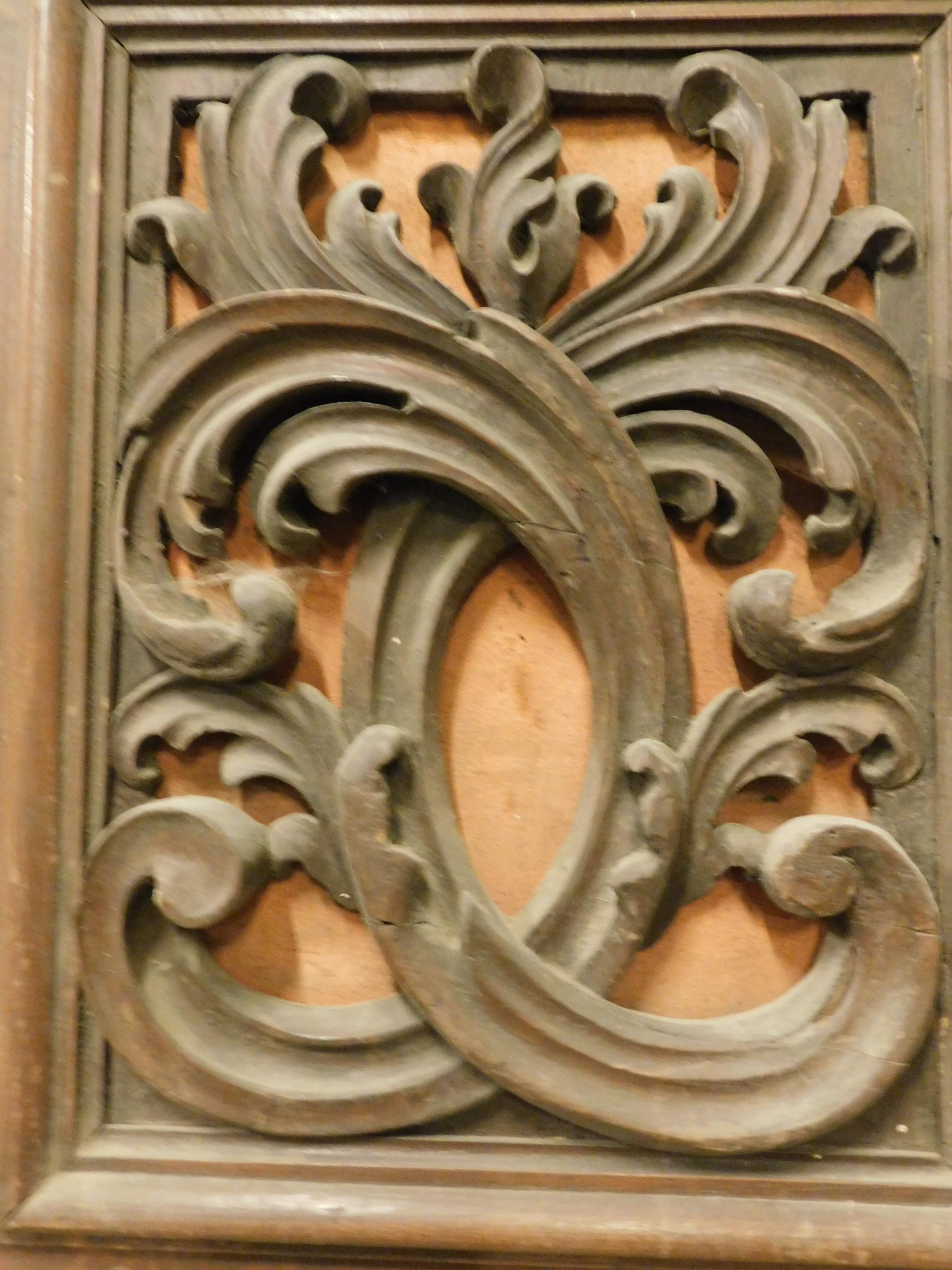 Hand-Carved Antique Brown and Orange Panel, Headboard, with 4 Floral Carved Panels, 1900  For Sale