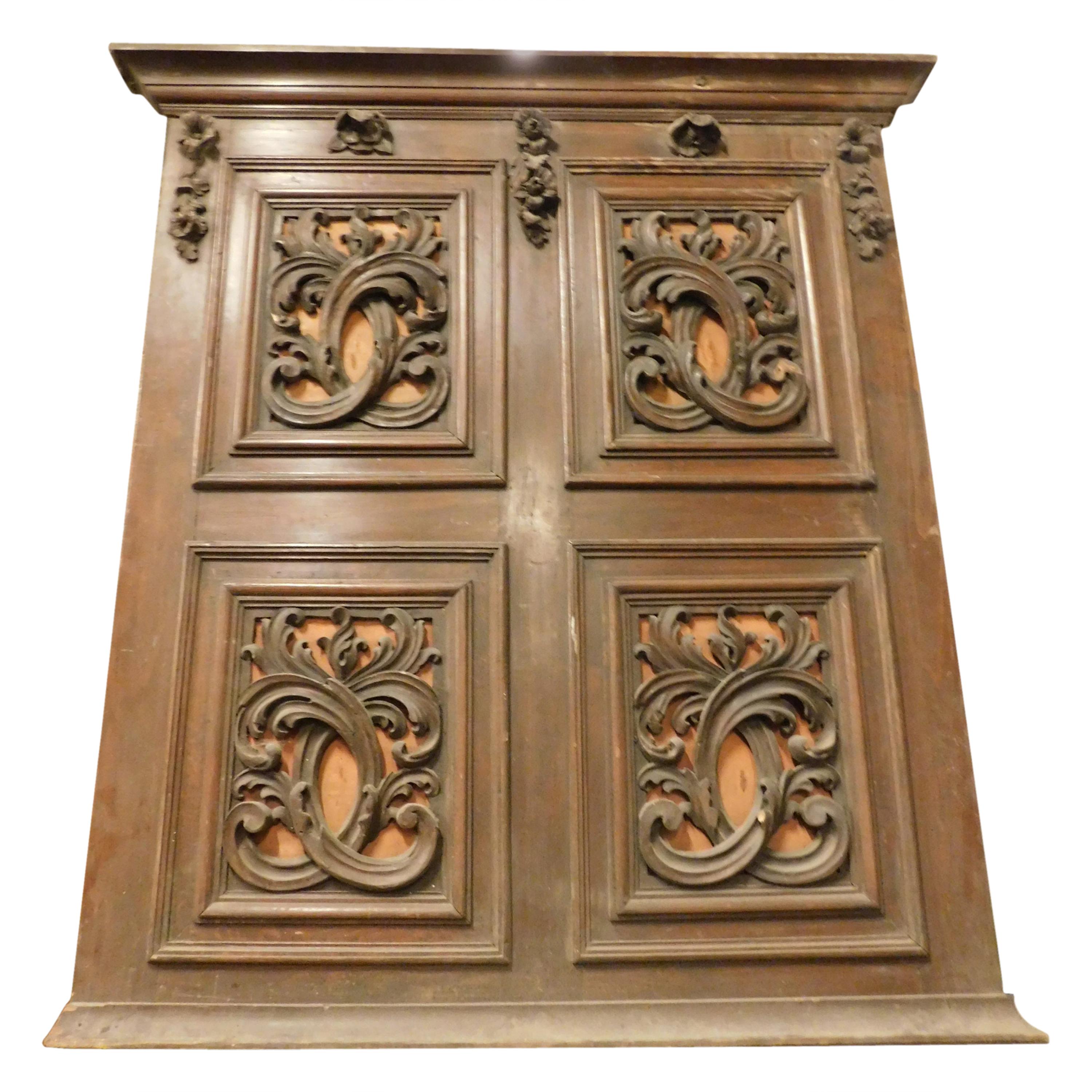 Antique Brown and Orange Panel, Headboard, with 4 Floral Carved Panels, 1900 