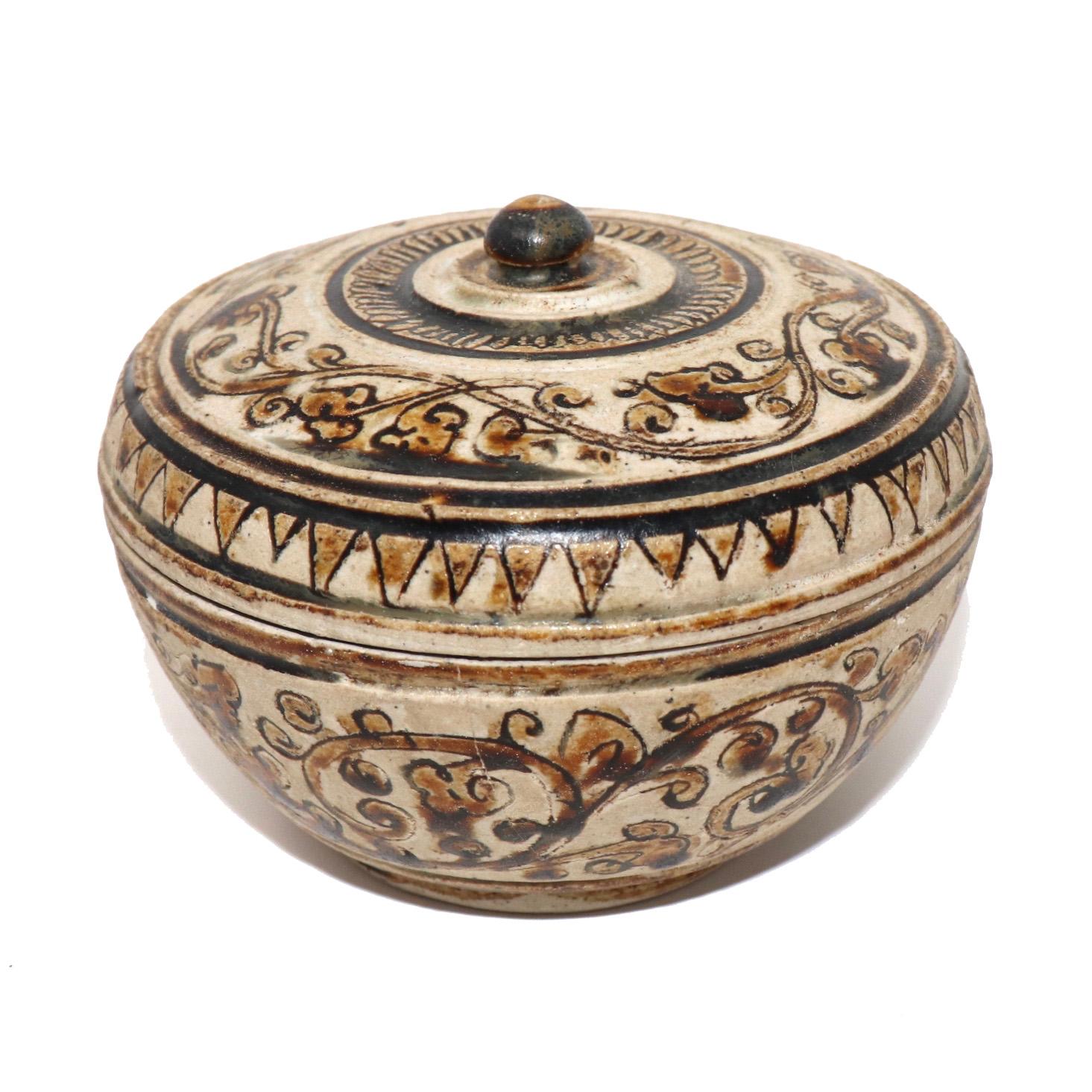 Glazed Antique Brown and White Ceramic Box from the Sawankhalok Kilns, Thailand