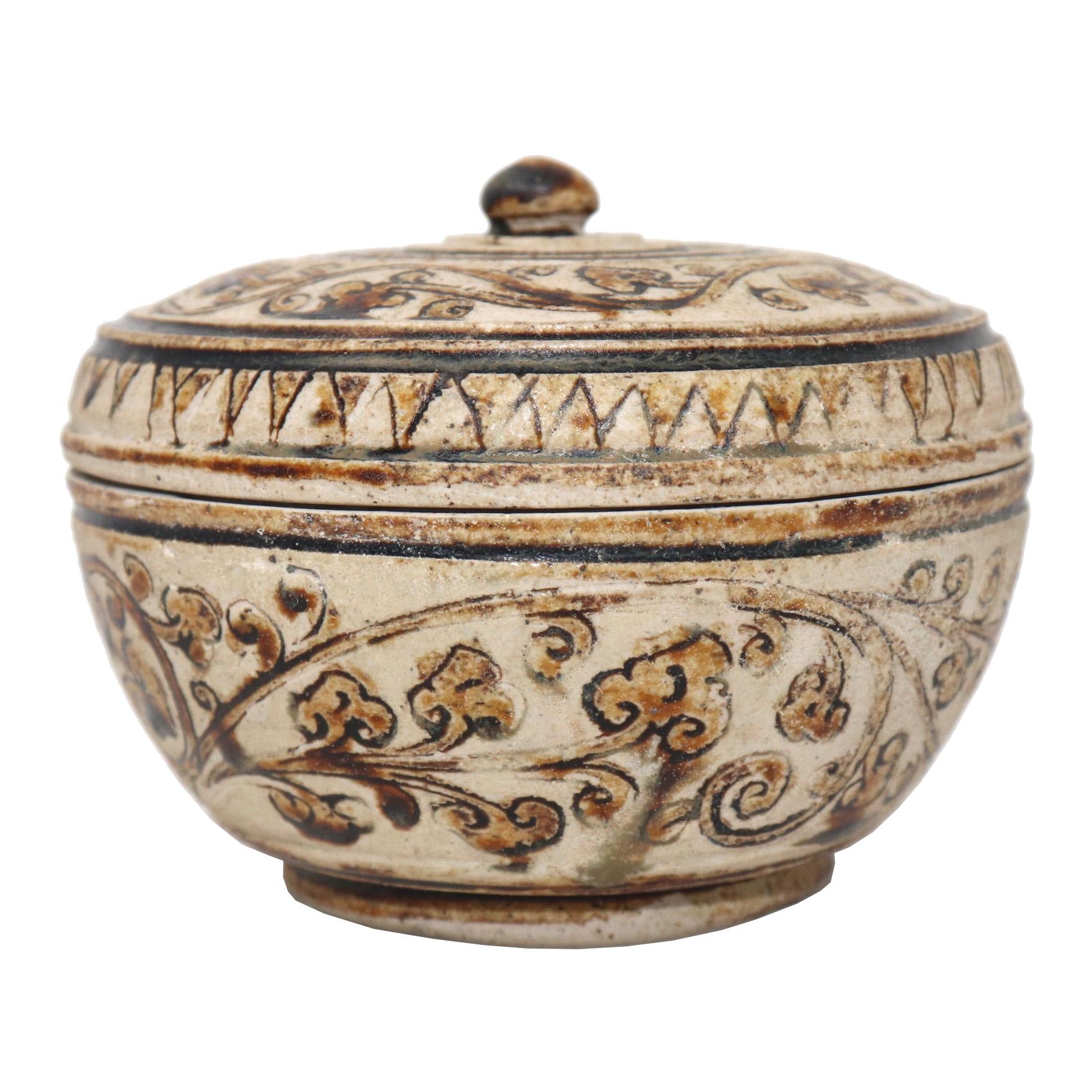 18th Century and Earlier Antique Brown and White Ceramic Box from the Sawankhalok Kilns, Thailand