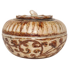 Antique Brown and White Ceramic Covered Box from the Sawankhalok Kilns, Thailand
