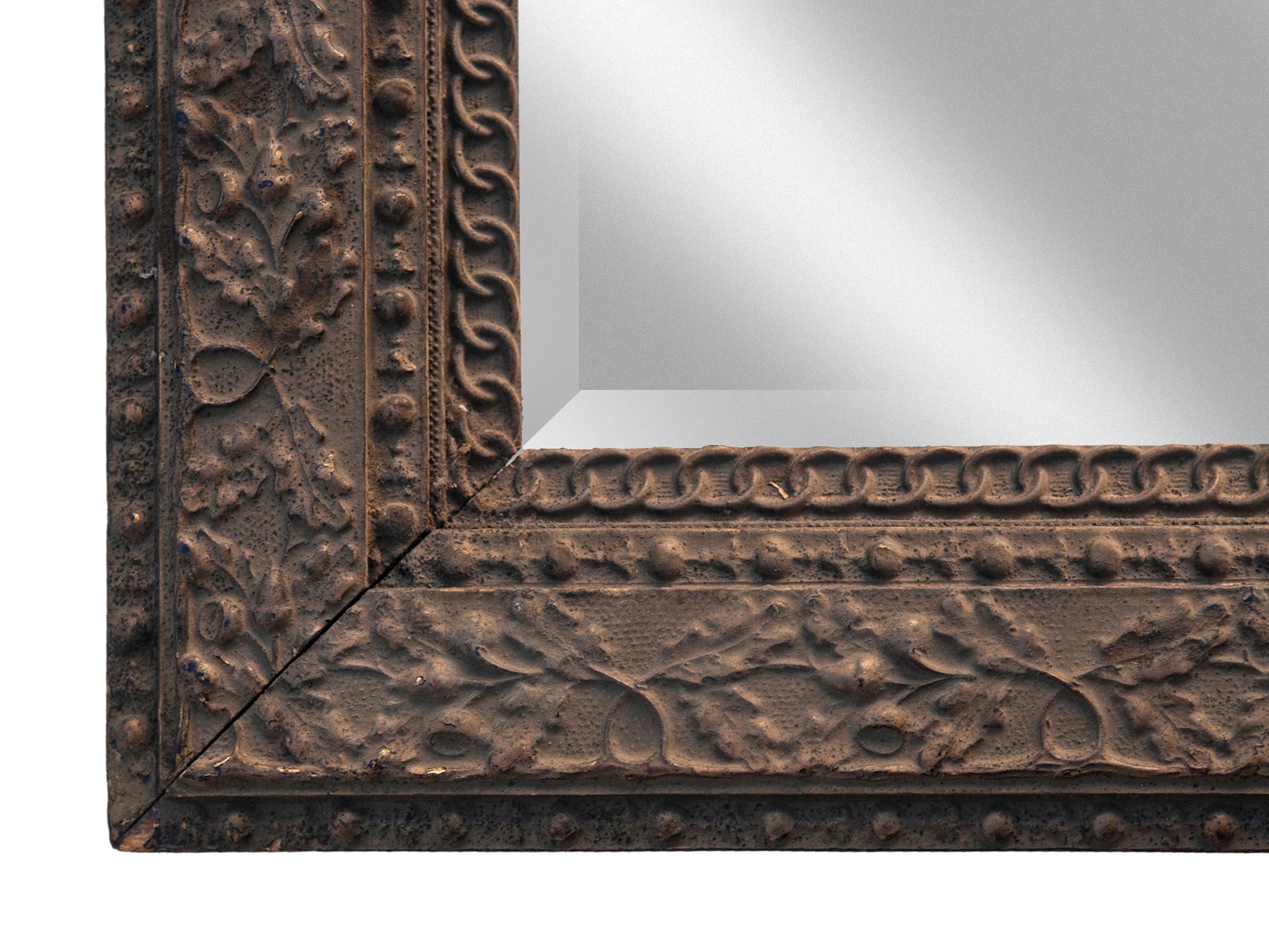 Arts and Crafts Antique Brown Arts & Crafts Gessoed Hardwood Beveled Mirror For Sale