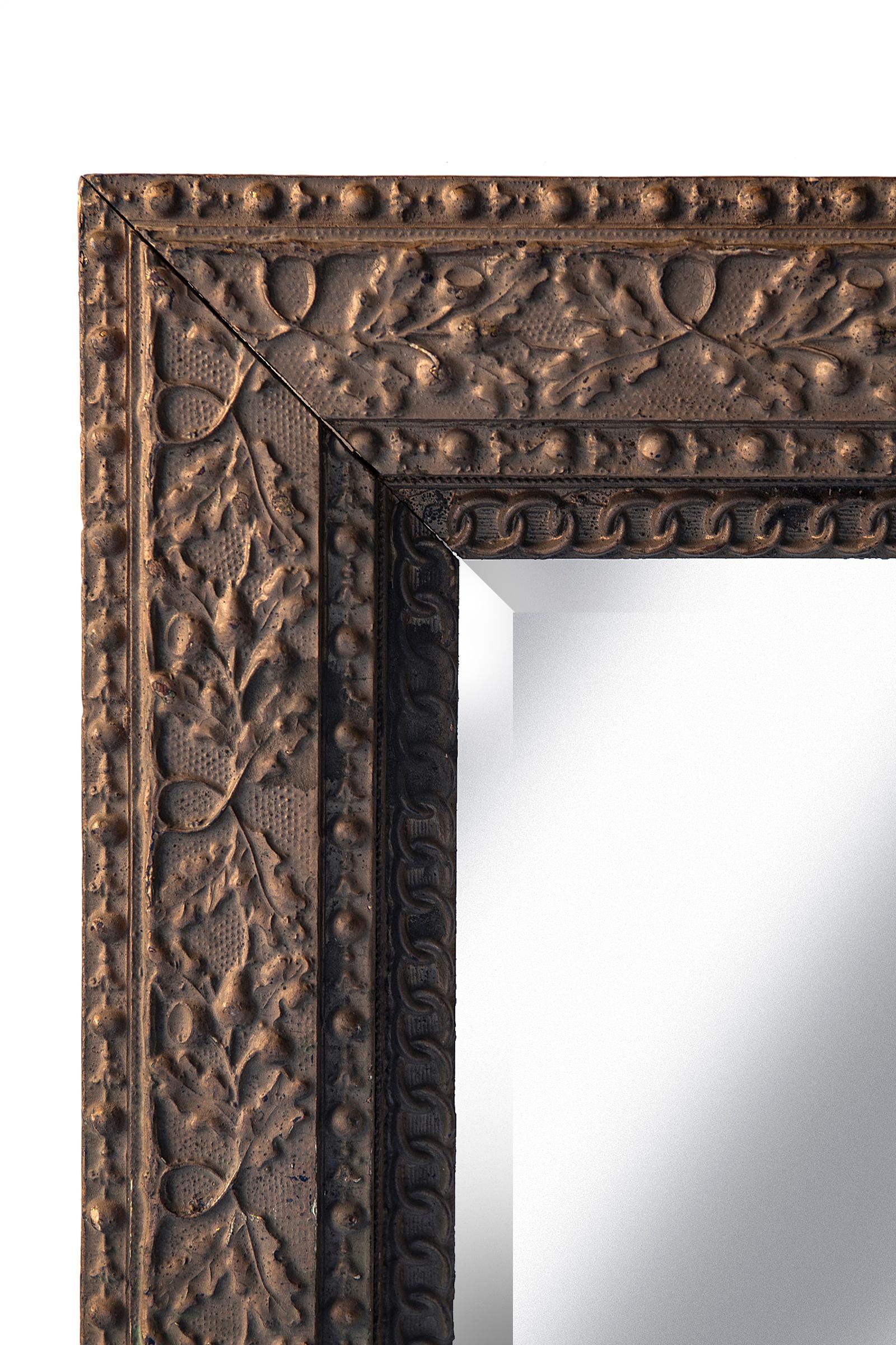 American Antique Brown Arts & Crafts Gessoed Hardwood Beveled Mirror For Sale