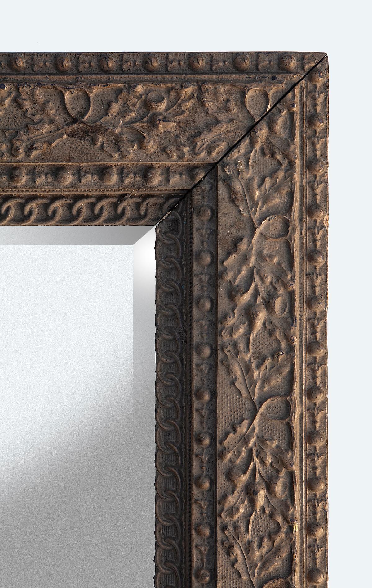 Hand-Crafted Antique Brown Arts & Crafts Gessoed Hardwood Beveled Mirror For Sale