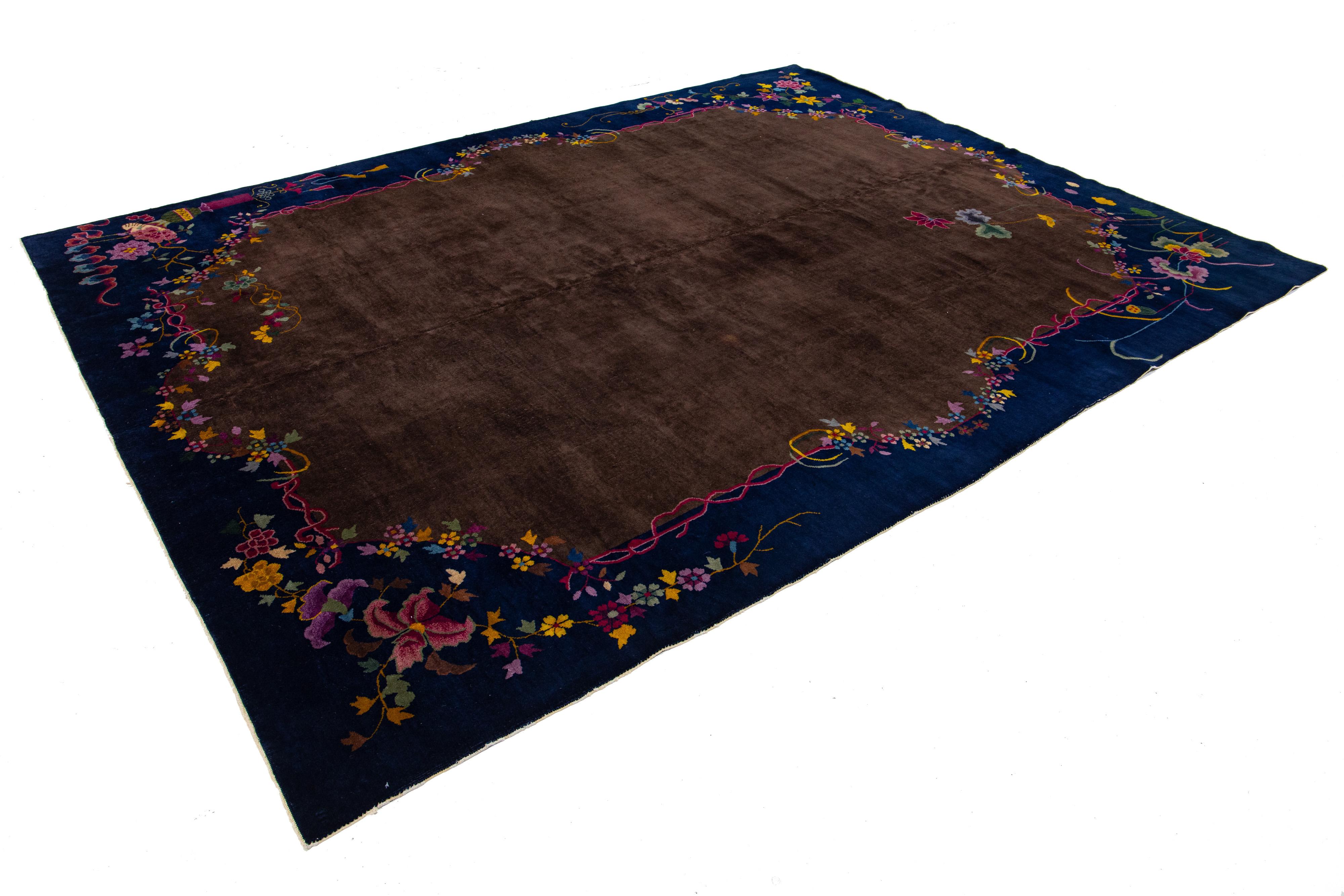 Antique Brown Chinese Art Deco Wool Rug For Sale 3