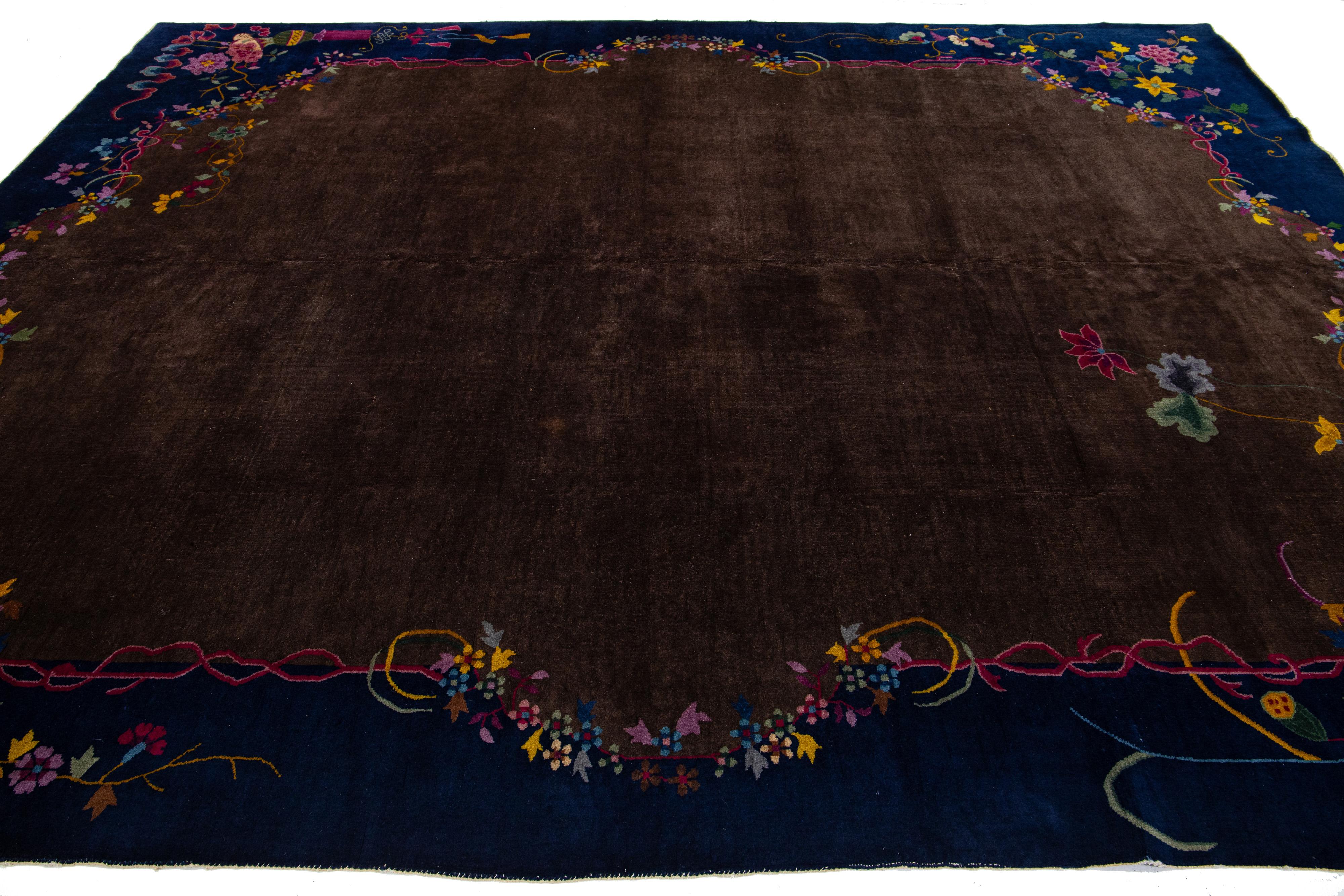 Hand-Knotted Antique Brown Chinese Art Deco Wool Rug For Sale
