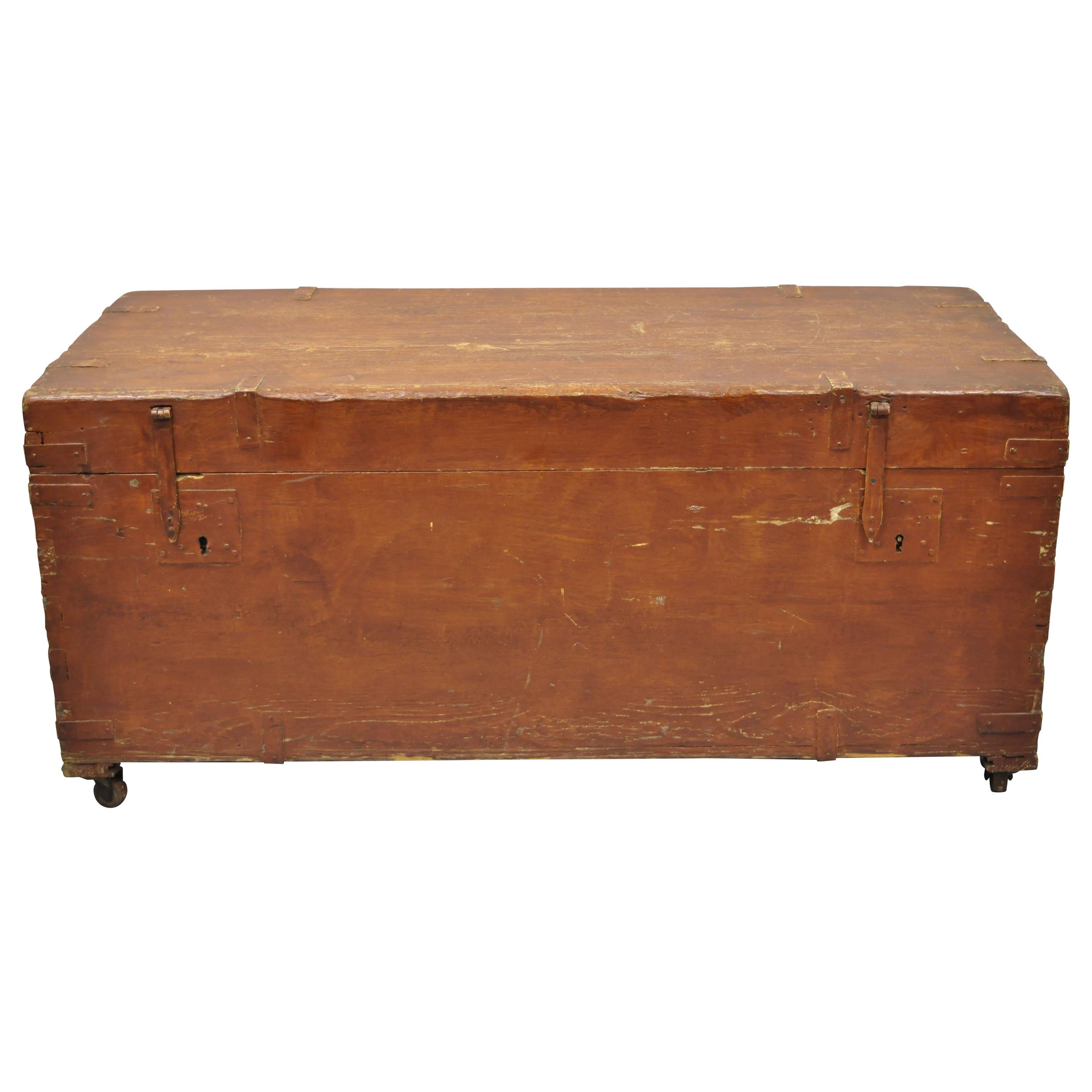 Antique Brown Distress Painted Pine Wood Dovetailed Blanket Chest Trunk For Sale