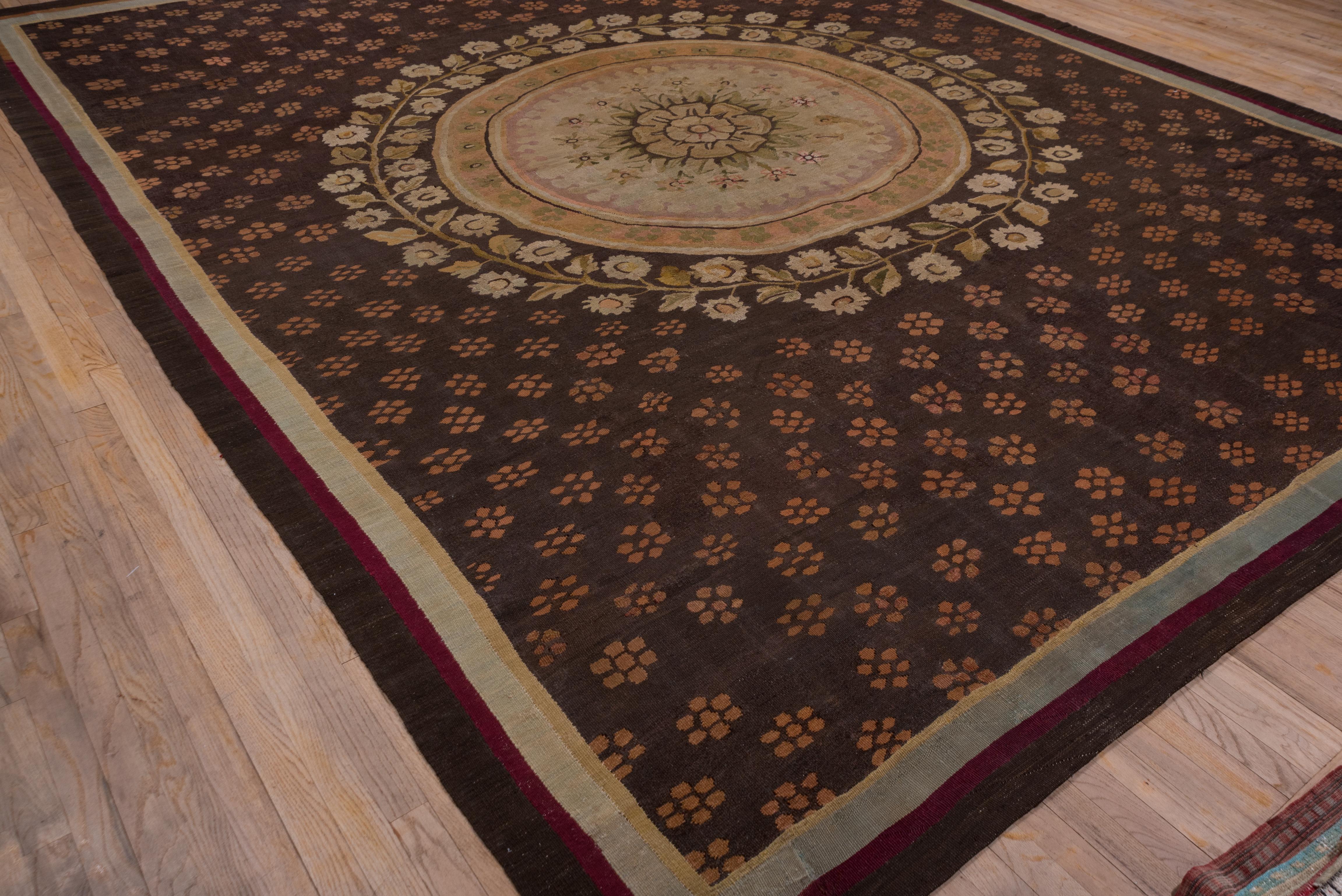 Hand-Woven Antique Brown French Aubusson Carpet, Center Medallion