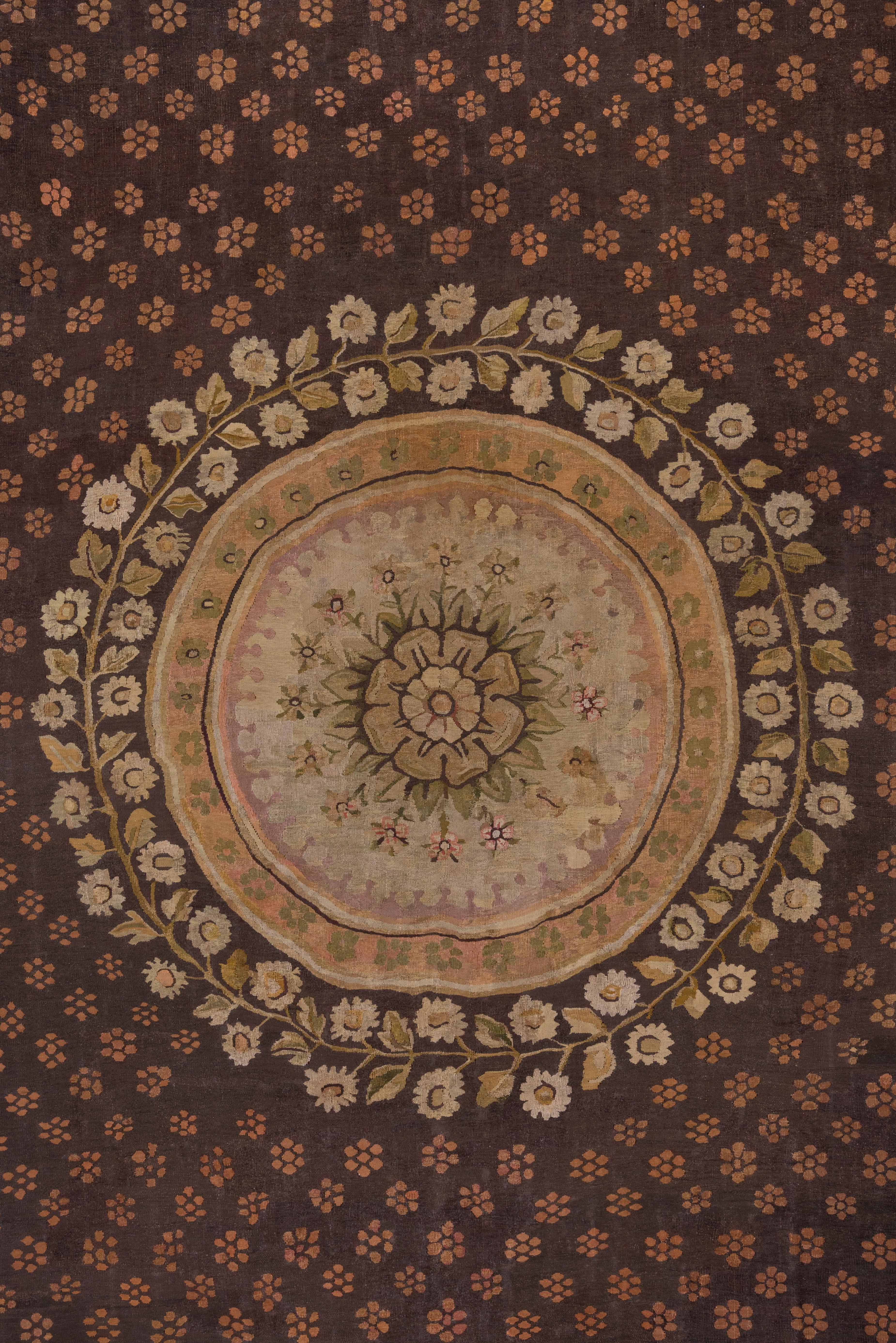 Antique Brown French Aubusson Carpet, Center Medallion In Good Condition For Sale In New York, NY